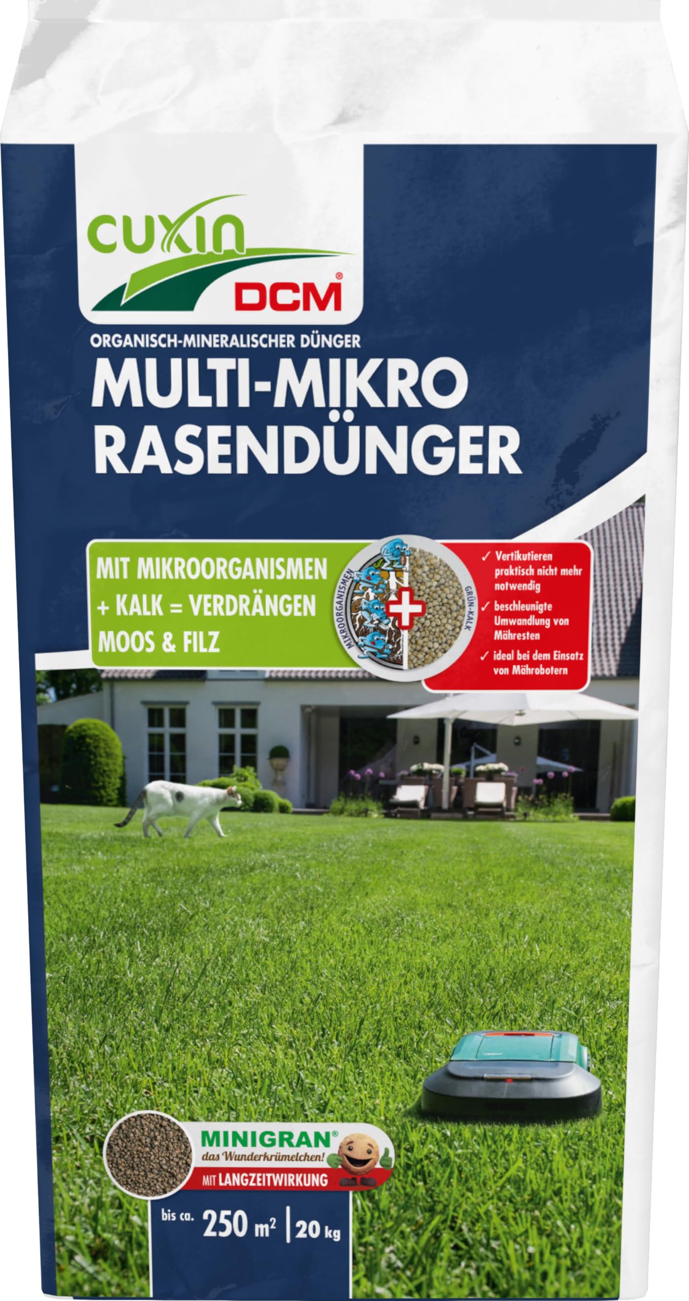CUXIN DCM Multi-mikro nawóz do trawnika – długoterminowy nawóz do trawnika – w technologii MINIGRAN® – robot koszący – organiczno-mineralny nawóz NPK – 20 kg na 250 m²