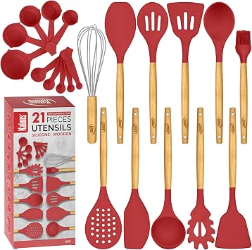 Kitchen Utensils Set, 21 Wood and Silicone Cooking Utensil Set, Non-Stick and Heat Resistant Kitchen Utensil Set, Kitchen Tools