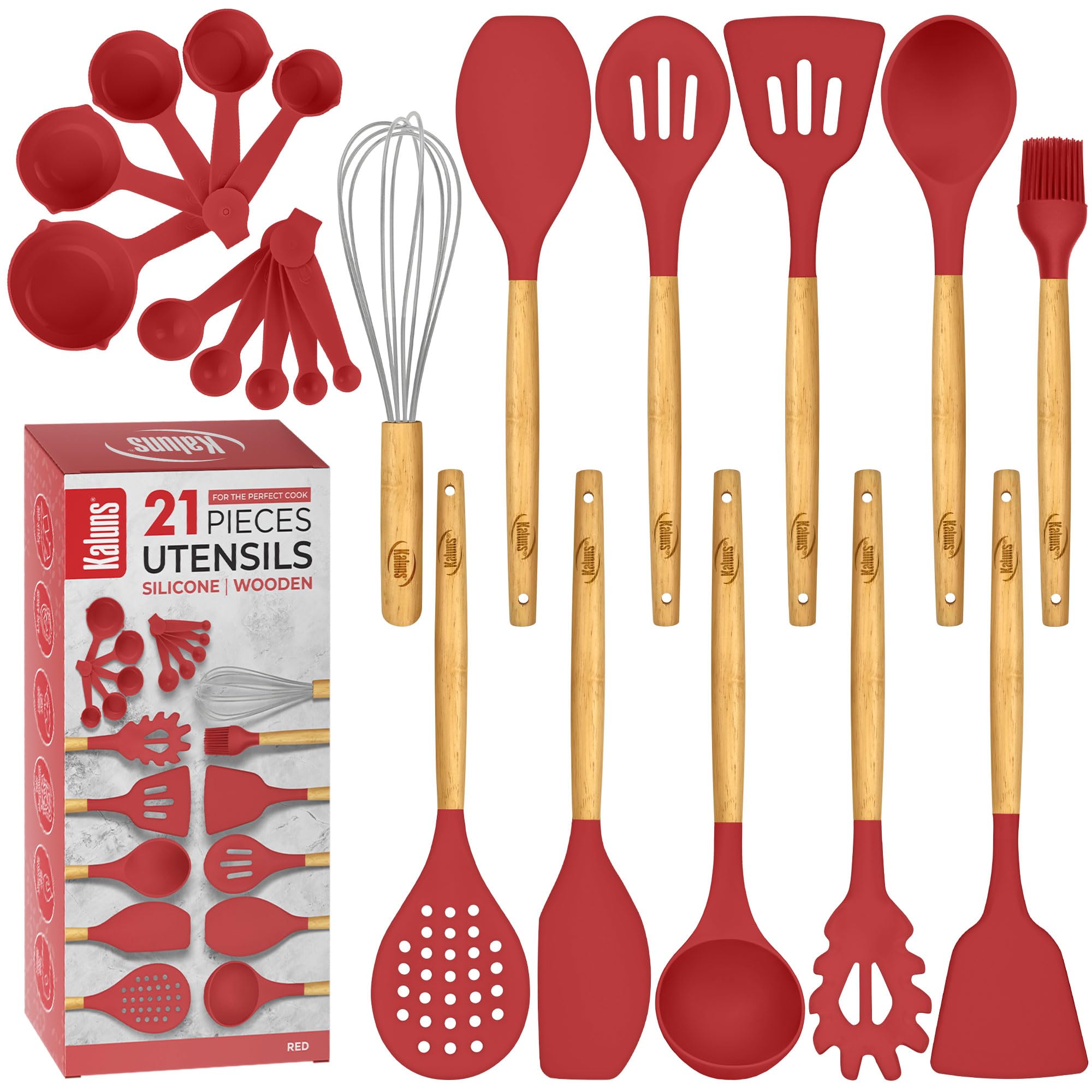 Küchenhelfer Set, 21 Holz und Silikon Kochutensilien Set, Antihaft und Hitzebeständig Küchenhelfer Set, Küchenwerkzeuge (Rot)