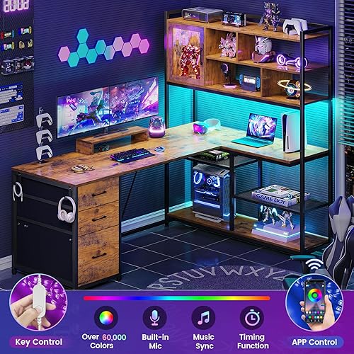 Miniatura 8 de SEDETA Escritorio para computadora en forma de L, escritorio de oficina de 58 pulgadas con 3 cajones y estantería, escritorio esquinero en forma de