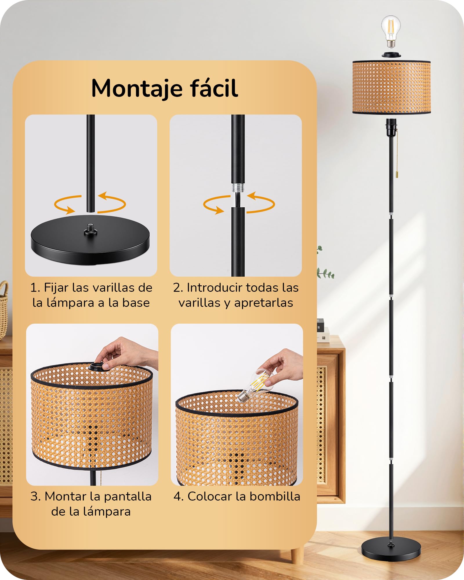 EDISHINE Lámpara de Pie para Salón, Lámpara Moderna Negra con Pantalla de Ratán e Interruptor de Cadena, Casquillo E27 con Bombilla LED Incluida, 2700K Blanco Cálido para Dormitorio, Pasillo