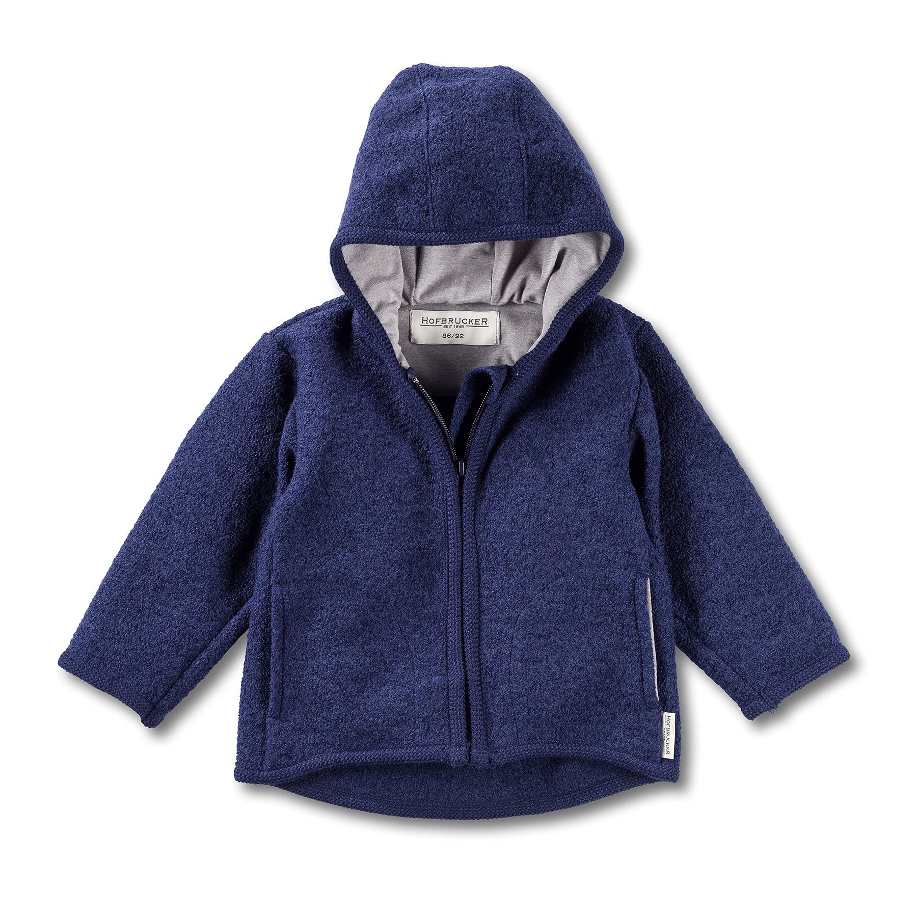 Hofbrucker Wollwalk - Chaqueta de lana merino con capucha para otoño a primavera, arándanos, 9 mes