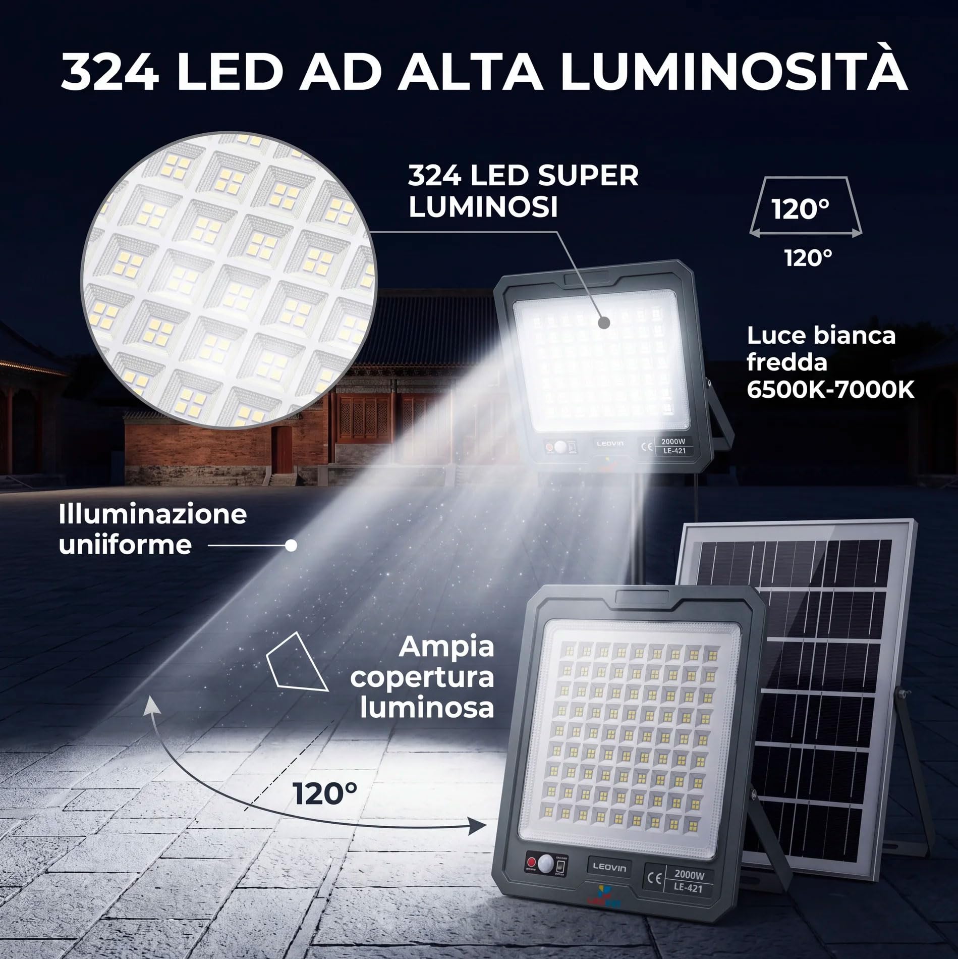 081 Store - Faro Solare LED 2000W con Pannello Solare Esterno 13W, 324 LED Ultra Luminosi, Sensore di Movimento PIR, Telecomando, Batteria 10800mAh, IP66 Impermeabile