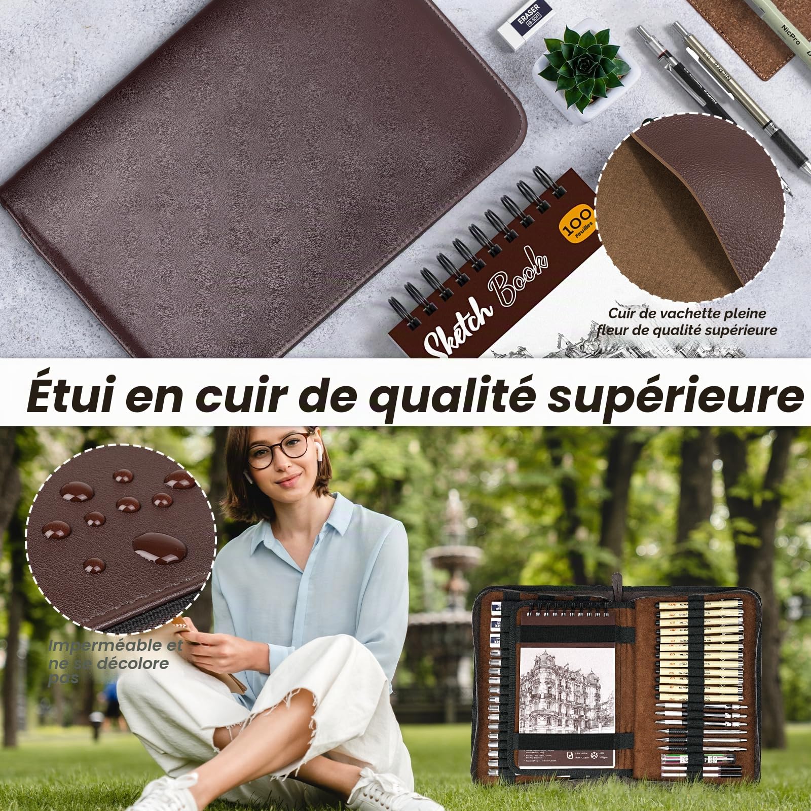 Nicpro Kit de 58 fournitures de dessin artistique dans un étui en cuir, porte mines d'art avec 6 criterium en métal de 0,5, 0,7, 0,9 et 2 mm, stylo 12 microns, carnet de croquis, 30 recharges de mine