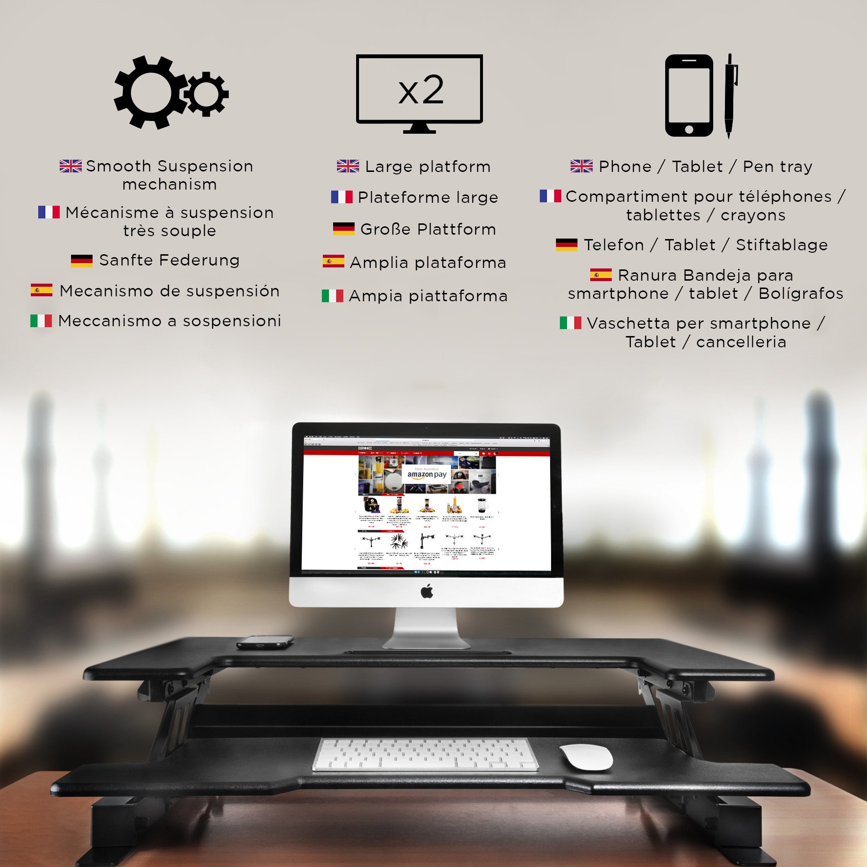 Duronic DM05D1 BK Mesa para ordenador | Escritorio Ajustable de 16 a 41cm | Superficie 56x92cm y Máx 15kg | Ranura y bandeja de teclado | Mesa gaming ergonómica para Monitor | Trabaja de pie y sentado