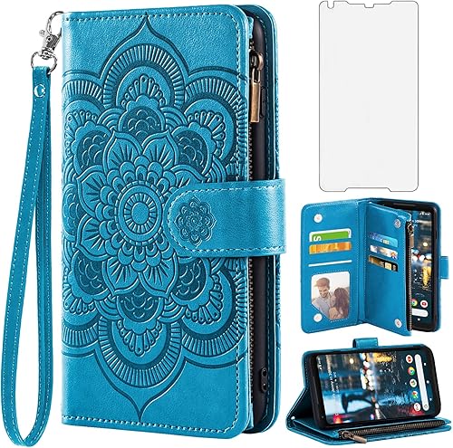 Asuwish Compatible con Google Pixel 2XL - Funda tipo cartera y protector de pantalla de vidrio templado, funda de piel con diseño de flores, soporte