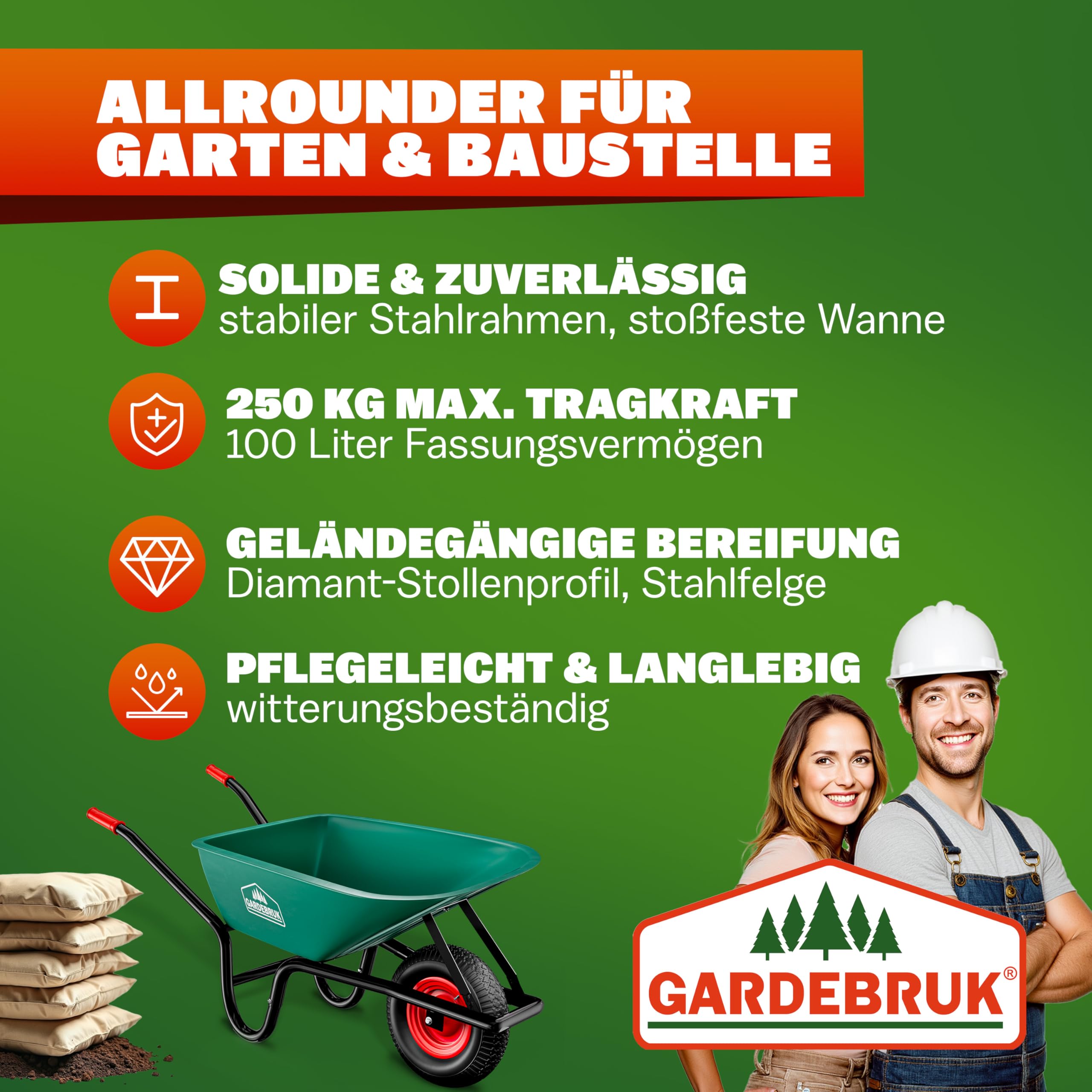GARDEBRUK Schubkarre 100 Liter Bauschubkarre Gartenschubkarre bis 250kg Belastbarkeit Luftreifen stabile Ausführung mit Kunstoffwanne