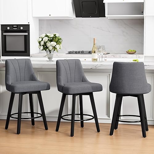 Counter Height Swivel Bar Stool, 24" Upholstered Fabric Barstools Set of 3, Counter Stool Chair with Back & Solid Wood Legs for Kitchen Island Dining Room (Dark Gray)