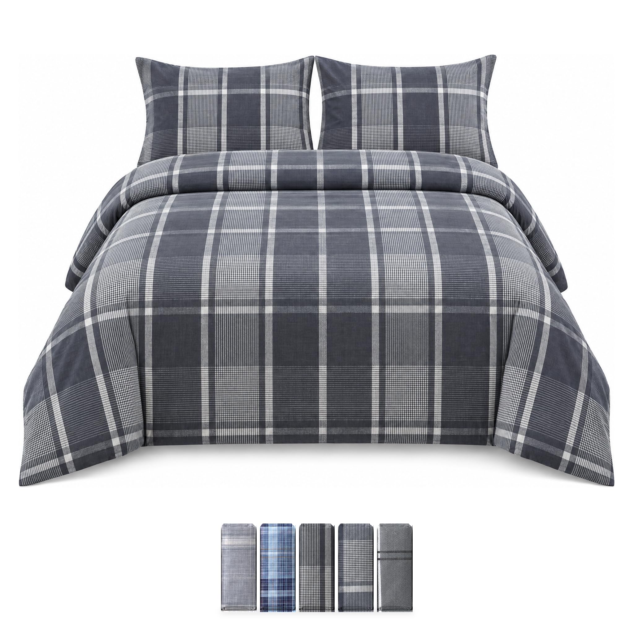 M&J Home - Double Duvet Cover Set with 2 Pillowcases - Grey & Navy Check - 3 Piece Bedding Set, Polycotton 132 Thread Count, OEKO-TEX Certified, Easy Care
