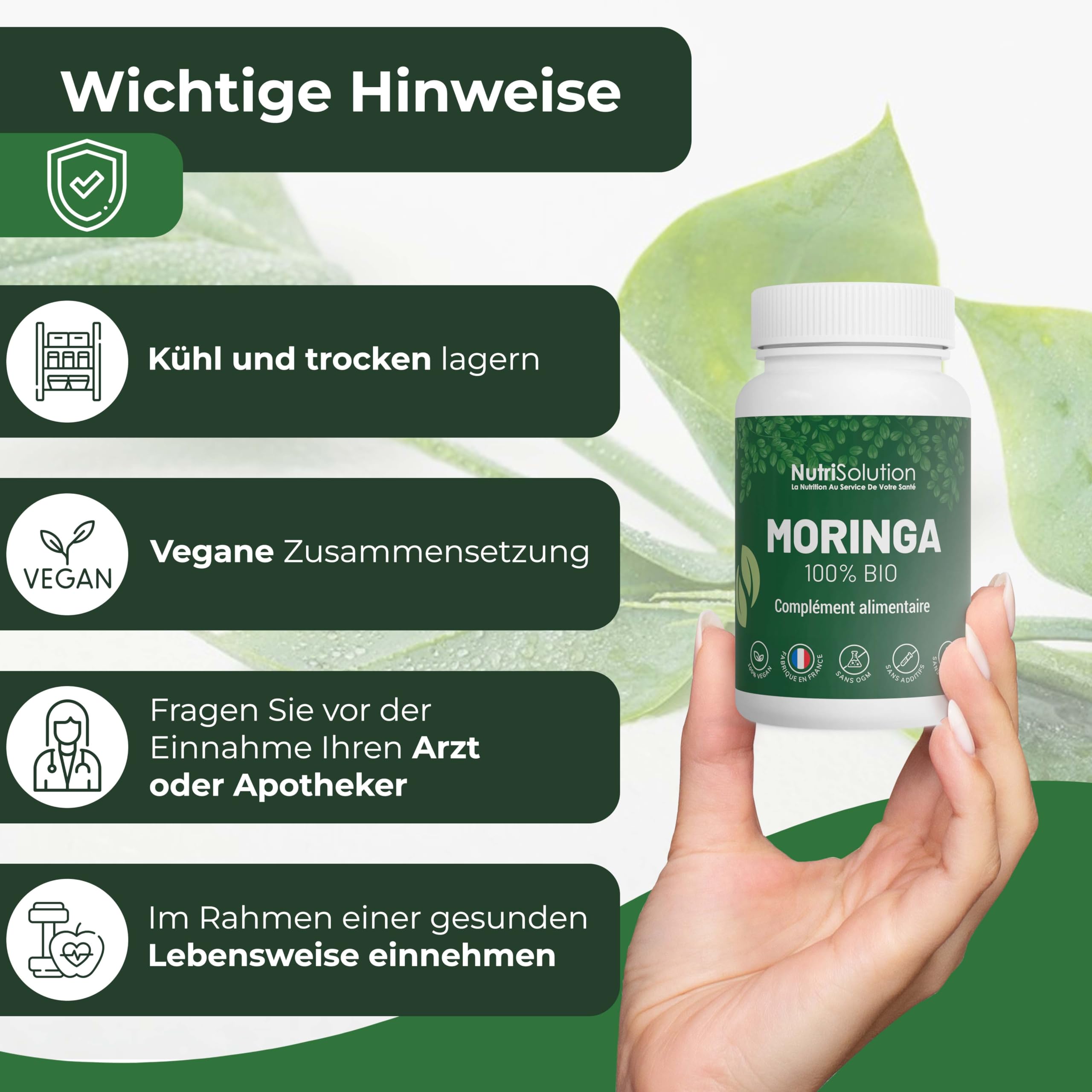 NutriSolution Moringa Kapseln 100% Bio - Superfood voller Multivitamine und Mineralien - Pulver aus Moringa Oleifera Blättern - 90 vegetarische Kapseln (1)