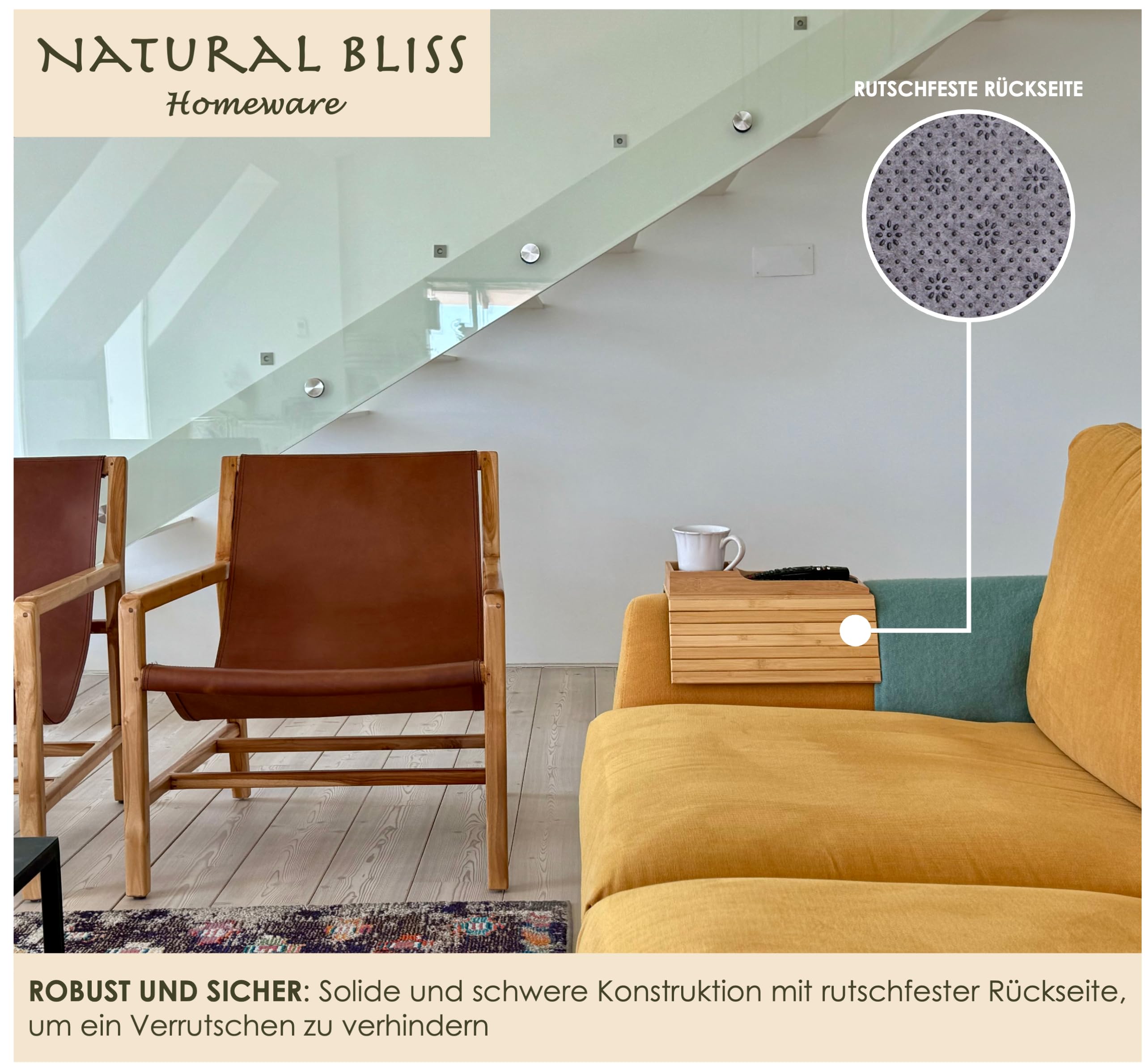 Natural Bliss Sofa Armlehnen Tisch aus Bambus – Verstellbare Couchablage mit Rutschfester Oberfläche | Organizer-Tablett für Tassen, Snacks, Handy und Fernbedienung