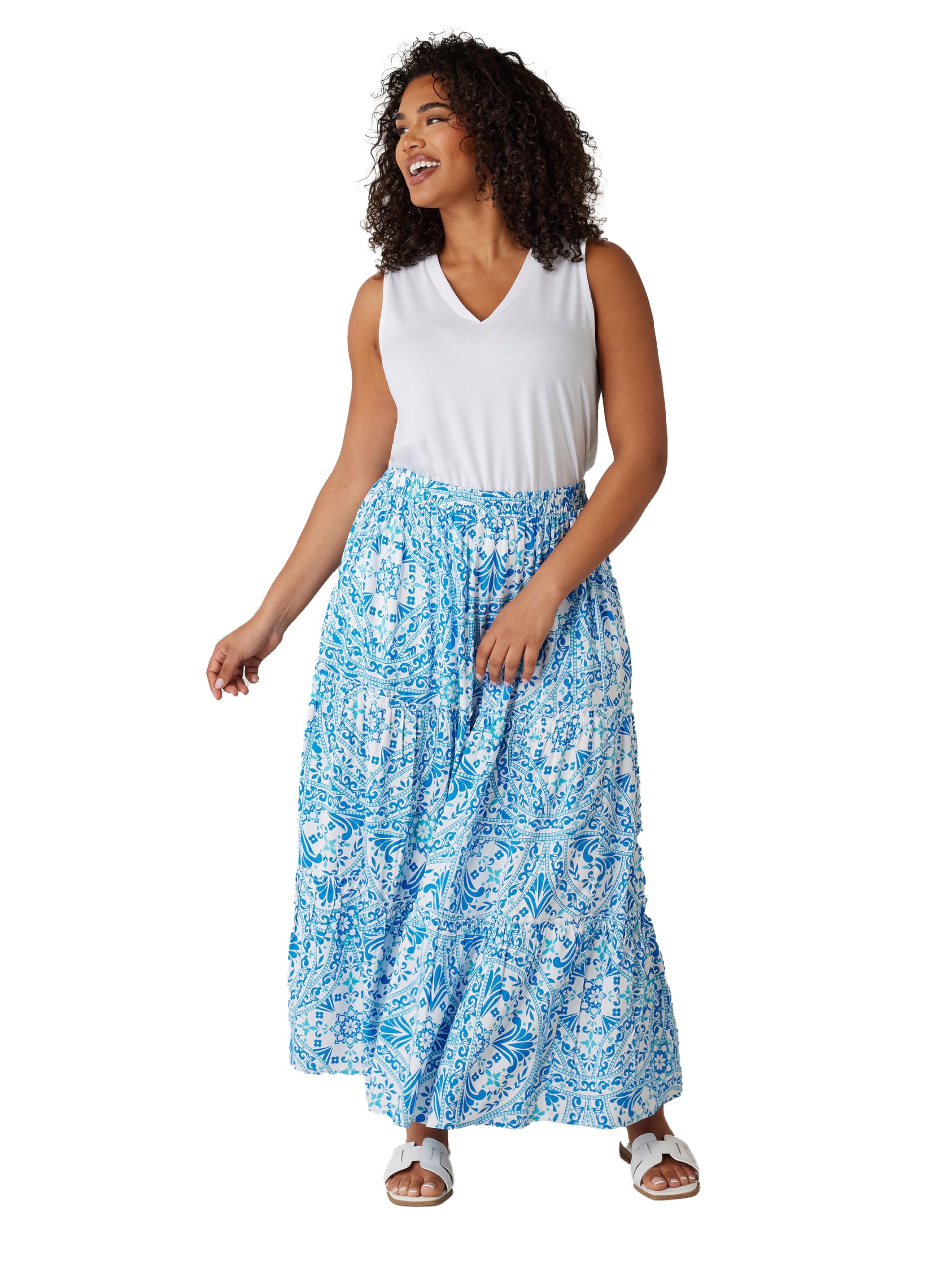 Evans Women's Blue Curve Tile Print Tiered Maxi Skirt - Plus Curve 22-24 Plus