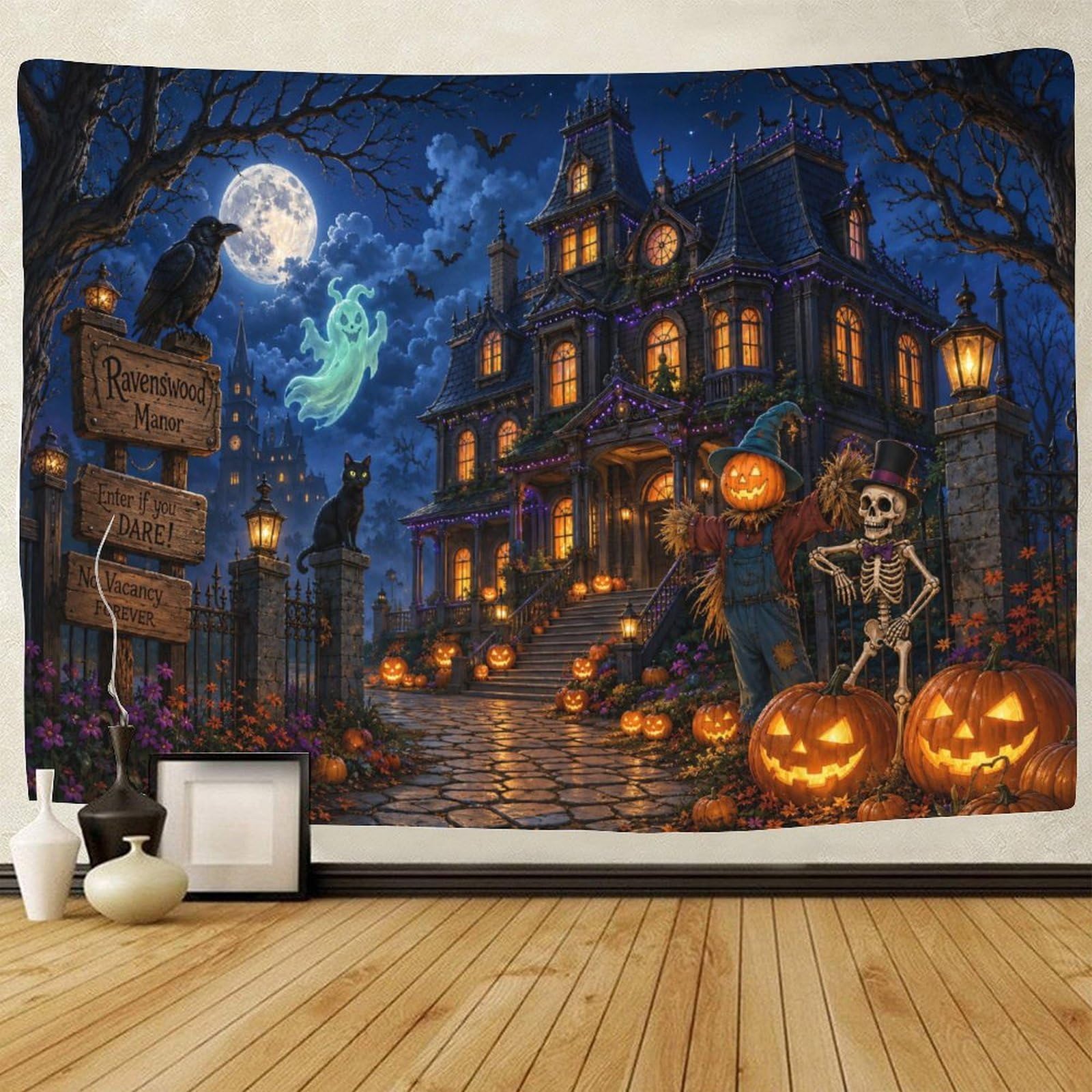 ASDFGHJKLZA Gothic Halloween Haunted House 3D Print Wall Art Decor Tapestry for Bedroom Horror Tapestries Home Decoration Curtain Bedroom College Dorm 100cmx150cm