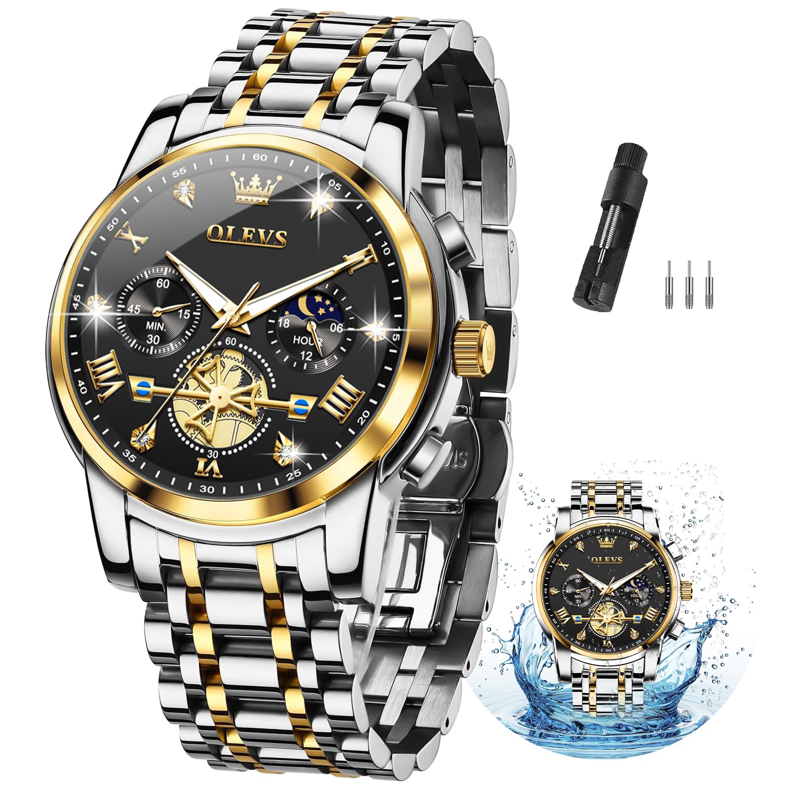 OLEVS Mens Black Face Watches Luxury Watch for Men Silver and Gold Chronograph Men Diamond Watch with Day Date Mens Waterproof Analog Quartz Roman Numerals Relojes para Hombres