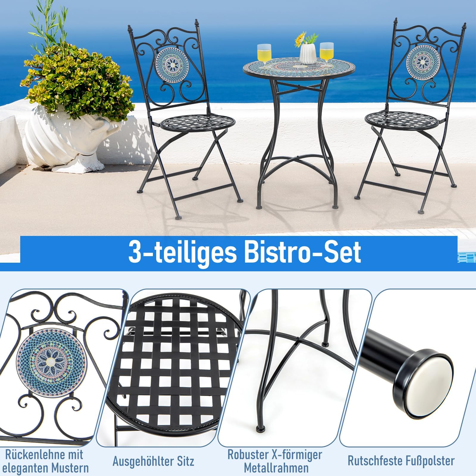 FANTASK Runder Bistrotisch, Beistelltisch mit Mosaikplatte, Sitzgarnitur bis 50kg, Balkonmöbel, Gartenmöbel, für Terrasse, Garten & Balkon (Blau)