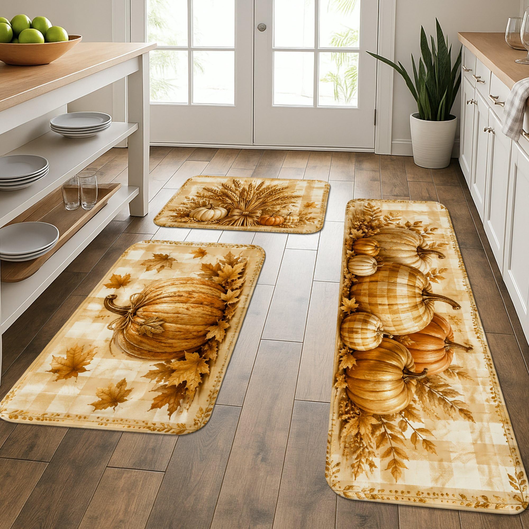 Tapis de cuisine doux lot de 3 beiges et lavables style vintage au motif citrouille