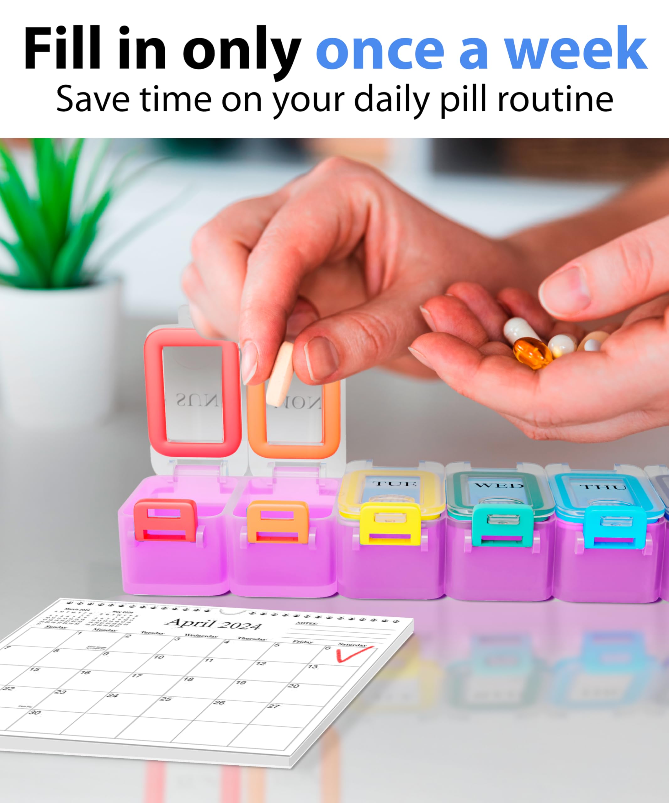 Pillendose für wöchentliche Tabletten, 1 Mal am Tag – Pillendose für 7 Tage mit verbesserter wasserdichter Dichtung, große Fächer für große Vitamine und Nahrungsergänzungsmittel, verbesserte