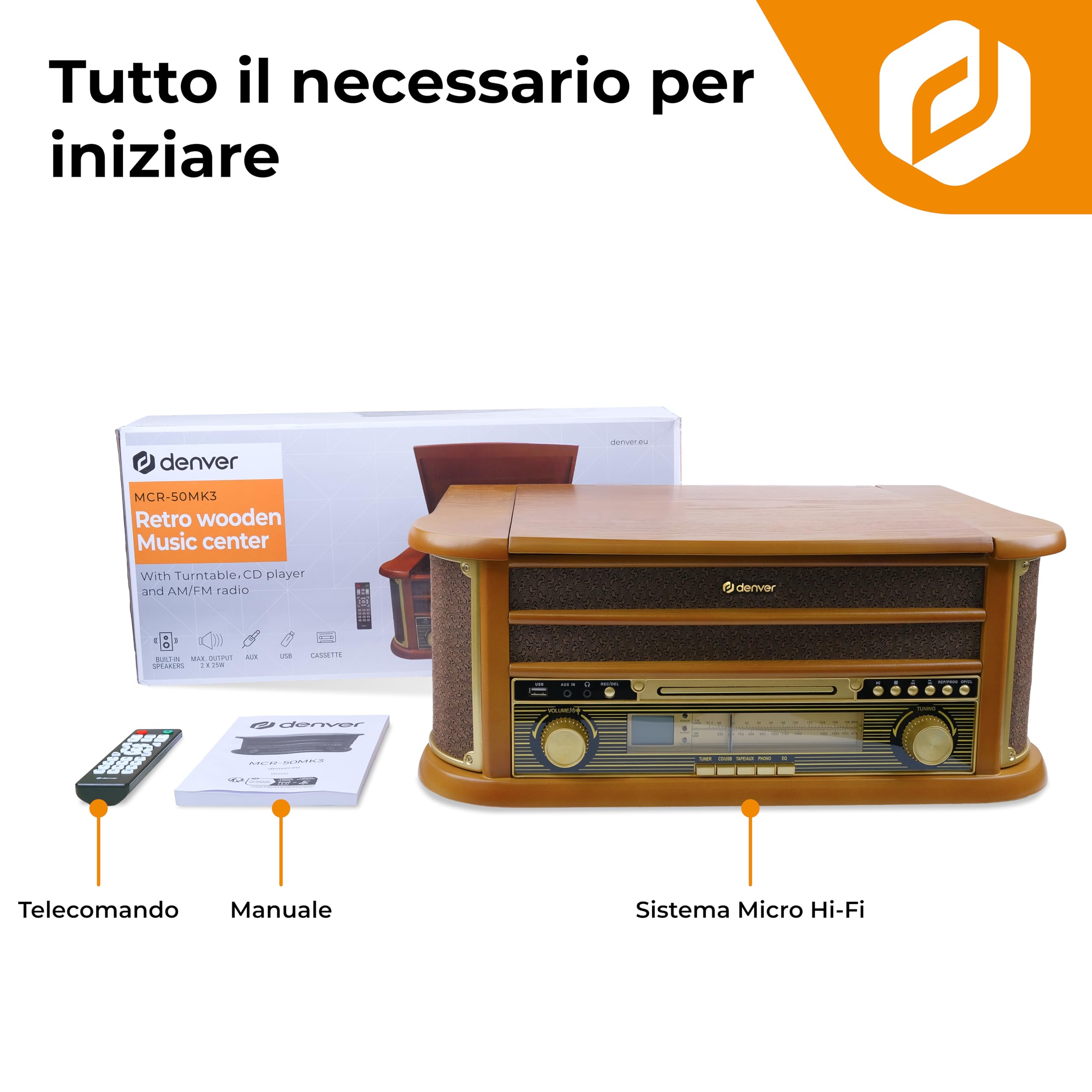 Denver MCR-50 – Giradischi Vintage con Lettore Vinili, Radio AM/FM, CD, Cassetta, USB MP3 – Giradischi Vinile con Casse Integrate – Gira Dischi per Vinili Retrò