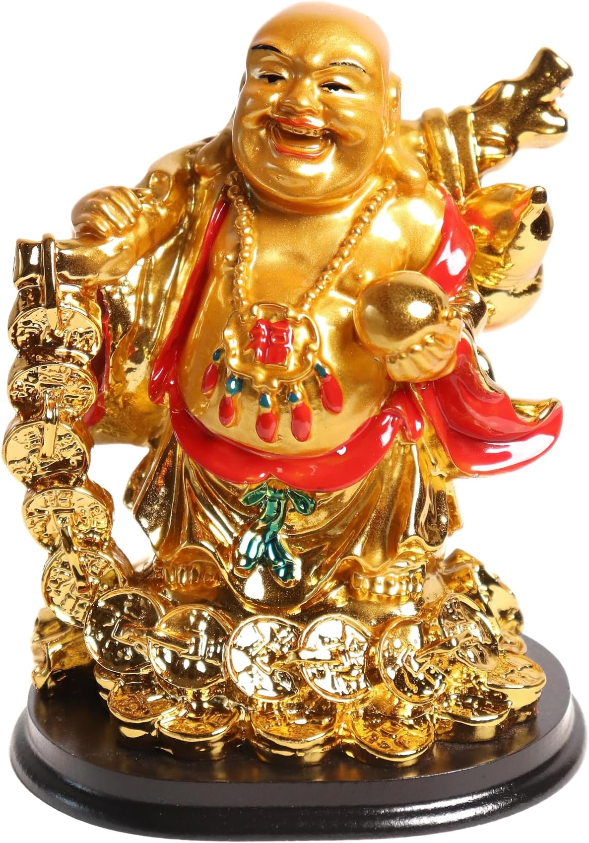 The Spiritual Living Feng Shui Laughing Buddha with Coin Chain and Wealth Pot in Hand || Money || Success || Good Luck || 5 inch
