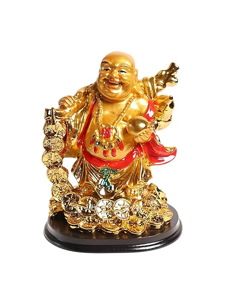 The Spiritual Living Feng Shui Laughing Buddha with Coin Chain and Wealth Pot in Hand || Money || Success || Good Luck || 5 inch