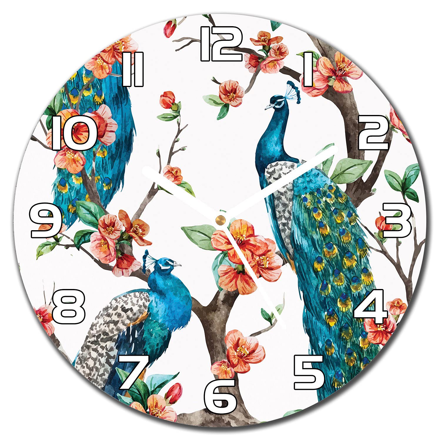 Horloge en verre anti-rayures 30 cm paons floraux lisible et design