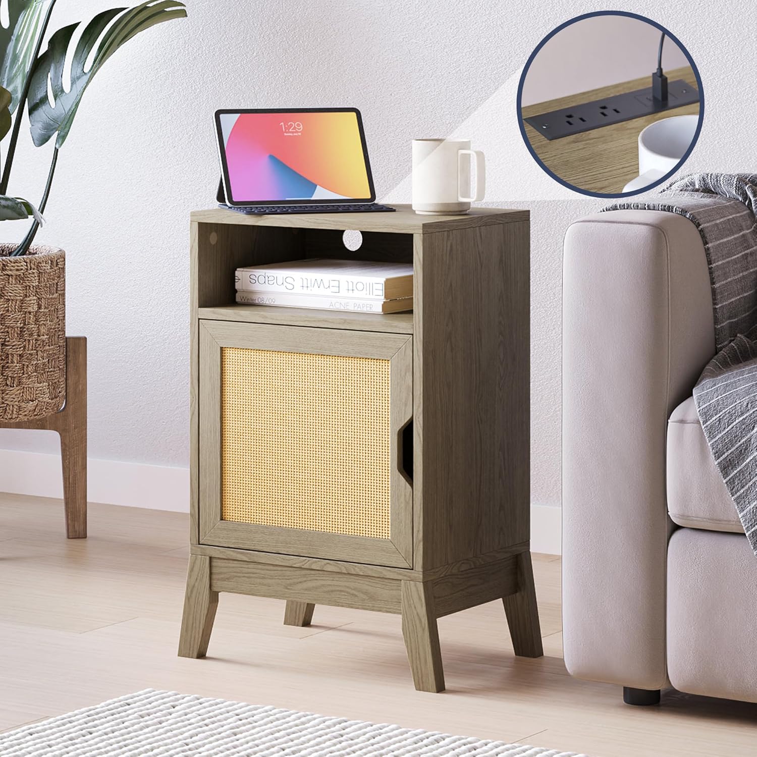 BELLEZE End Table with Ultra-Fast USB Type A/C Outlet Strip, Boho Style Nightstand with Rattan Decorated Cabinet, Modern Side Table for Bedroom, Guest Room, Office - Carl(Nature)