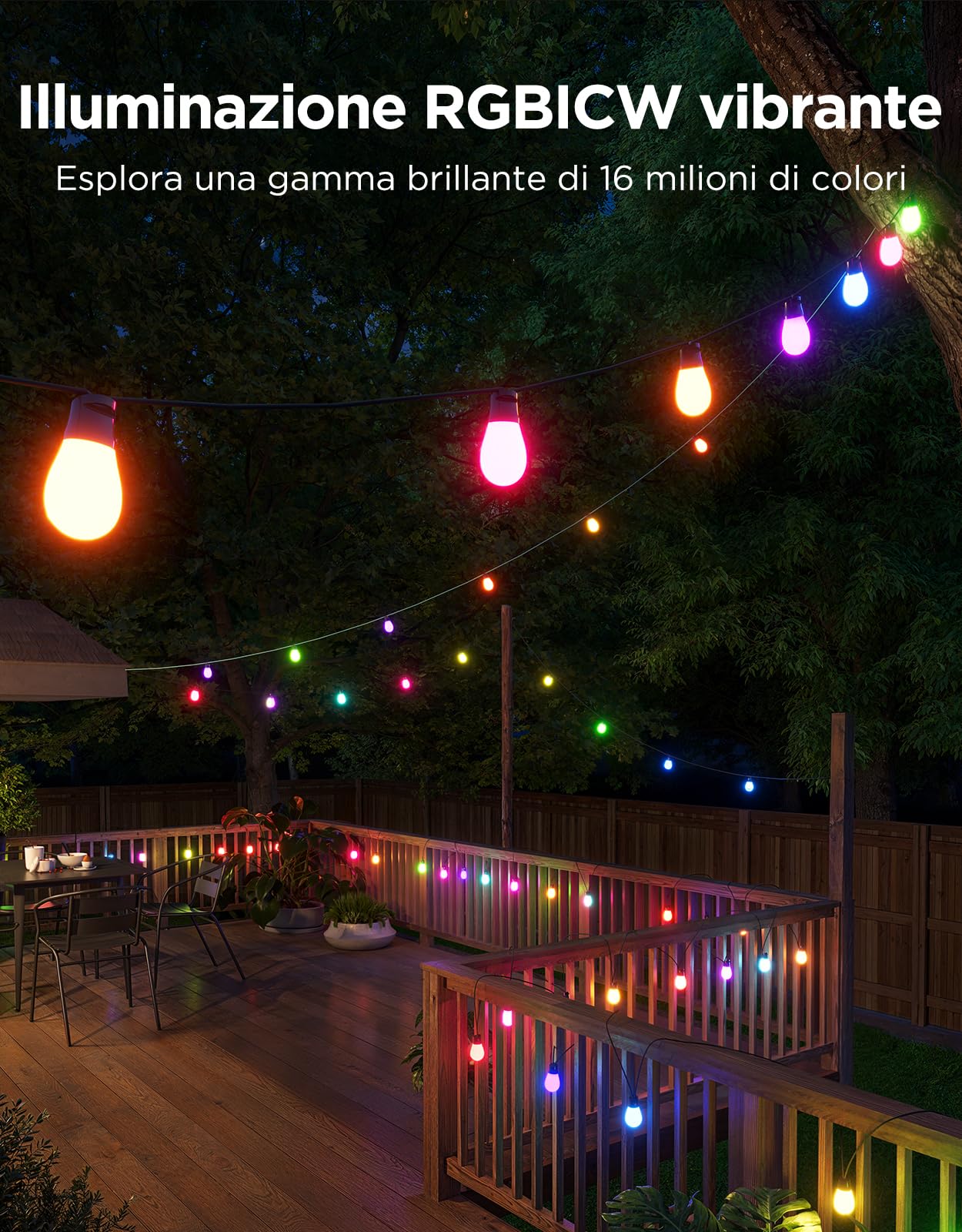 Govee Catena Luminosa Esterno, 15M Lampadine LED RGBIC Bianco Caldo, Controllo APP WiFi con Alexa Luci da Esterno, IP66 Impermeabile, 111 Modalità di Scena, Adatto per Giardino, Balcone, Gazebo