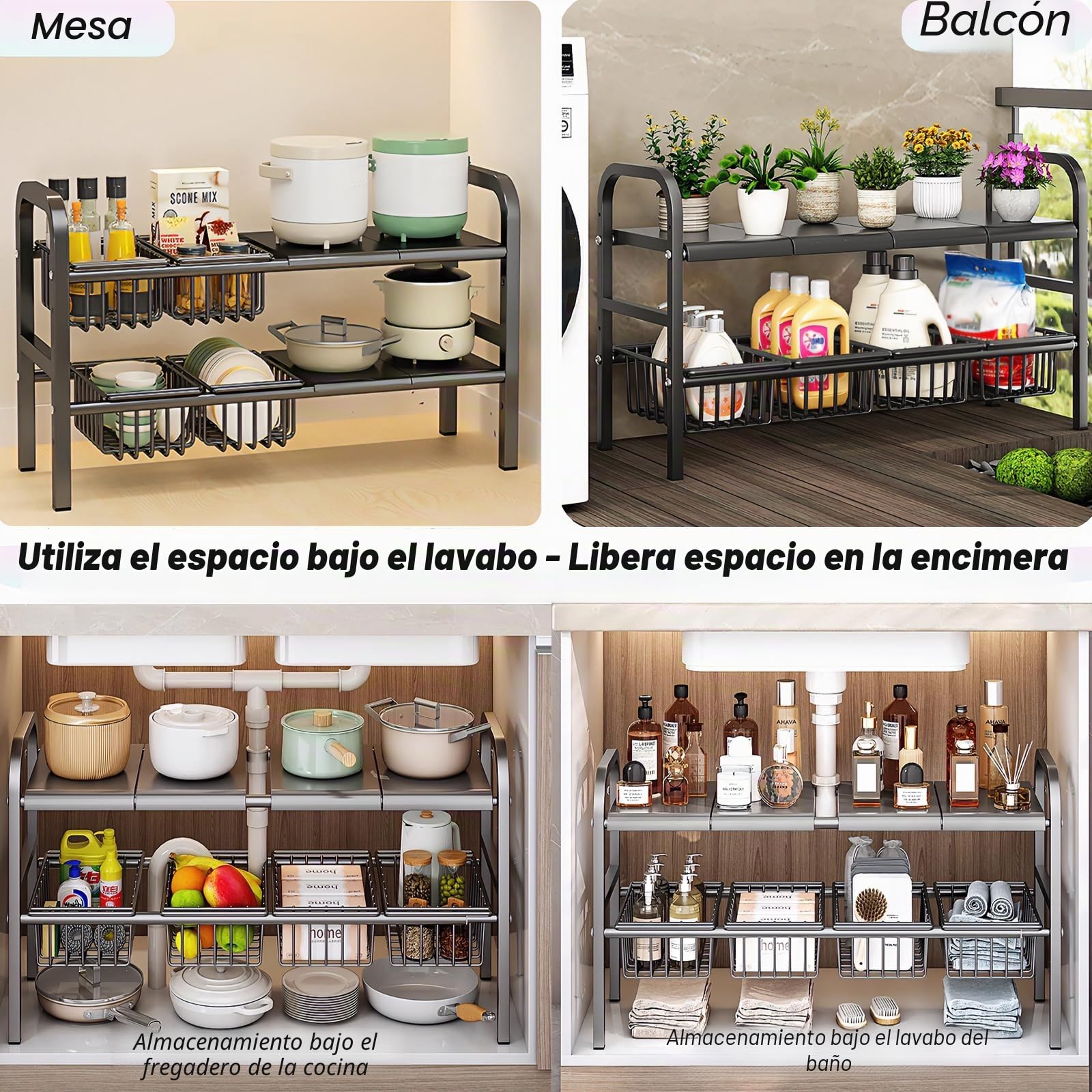 ViWaVee Organizador Cocina Bajo Fregadero Extensible 53-93cm para Armario | Altura Ajustable 5cm + 4 Cestas y Placas | Multiusos Baño Balcón | Almacenaje Productos Limpieza Ollas