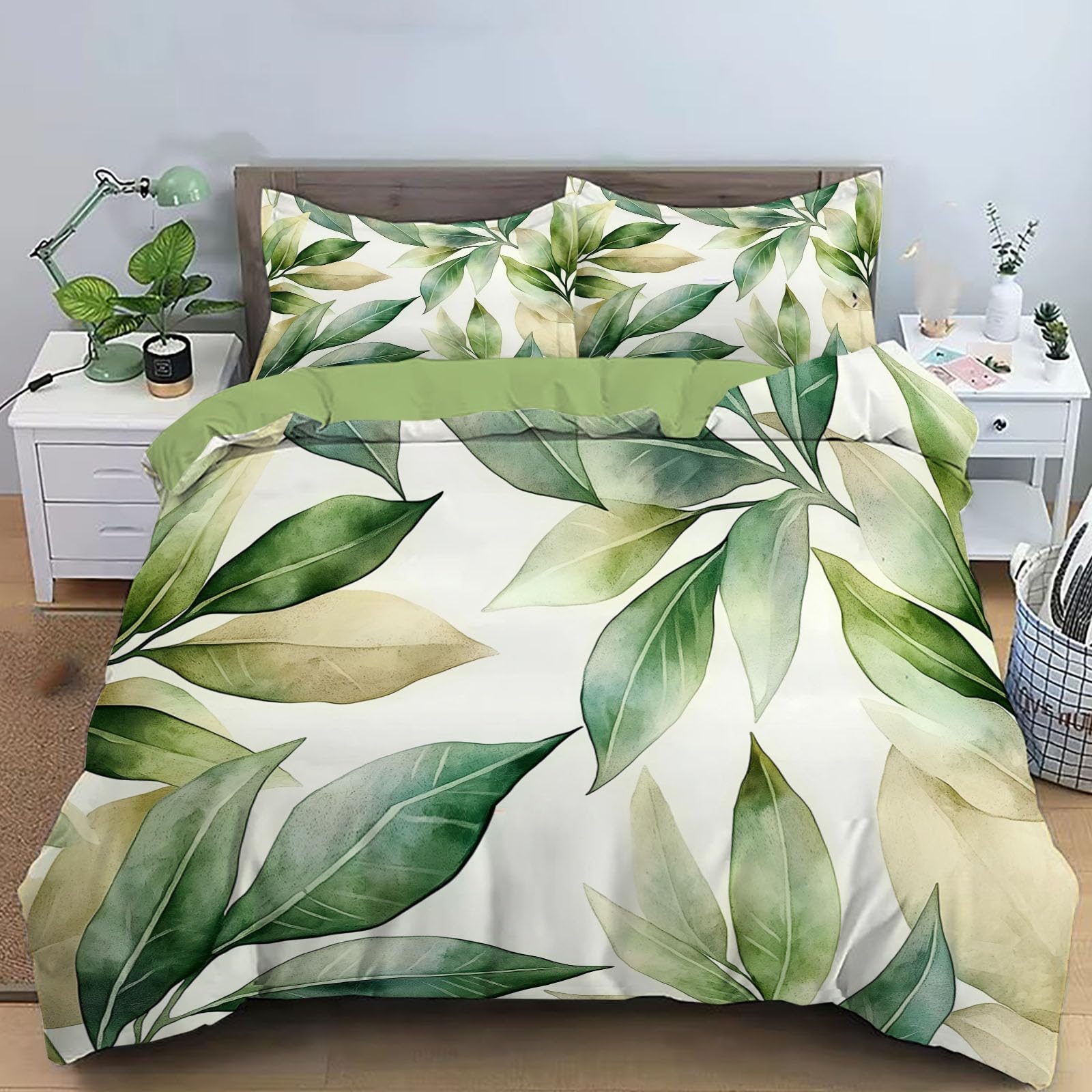 Juego de Funda Nórdica 150x220cm 3 Piezas para Cama, Acuarela Hojas Microfibra de Poliéster Suave Transpirable Tropical, Incluido 1 Funda Edredón y 2 Fundas de Almohada, Verde Claro