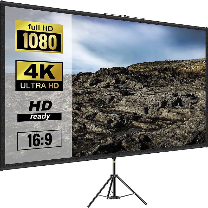 VEVOR Écran de projection sur trépied avec support 177,8 cm 16:9 4K HD - Sans plis - Réglable en hauteur - Écran portable pour projecteur intérieur et extérieur - Pour films, home cinéma, jeux, bureau