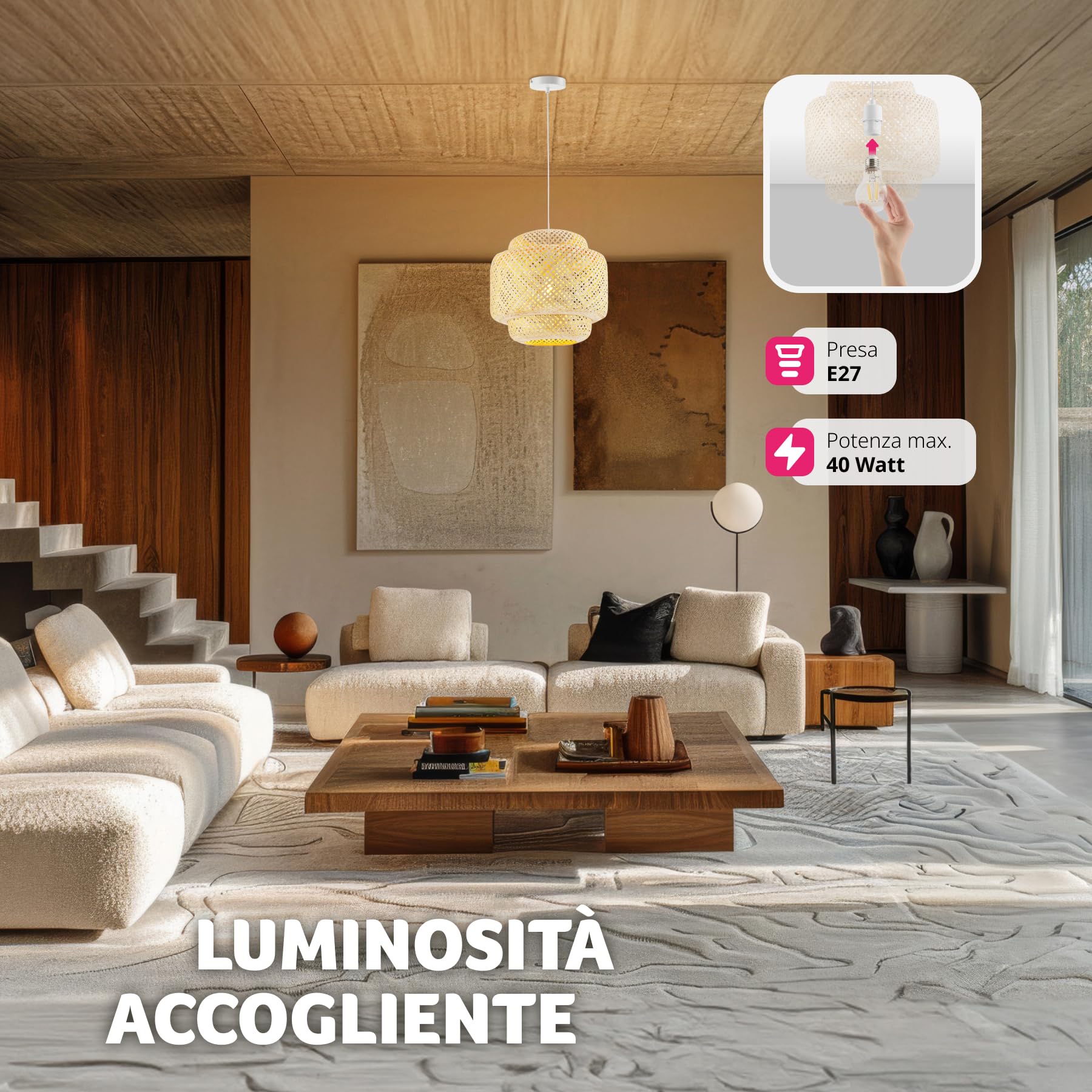 tectake® Lampada da Soffitto con Paralume in Bambù Intrecciato, Plafoniera Grande per Salotto o Camera, Stile Boho Chic, Telaio Robusto in Acciaio, Cavo Regolabile - Marrone