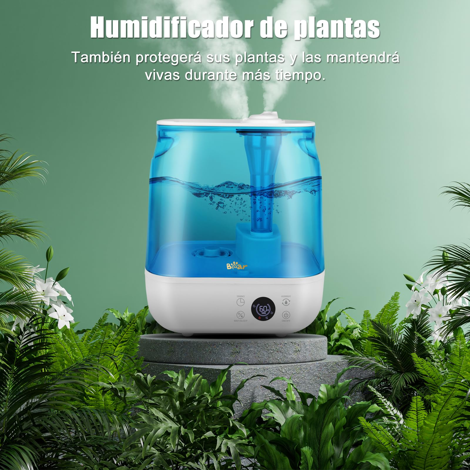Bear Humidificador 6L Top Fill Humidifier, Temporizador, Modo Sleep, Humedad Constante, Disco Aromático, Boquilla Doble Giratoria 360°, 28db Ultra Silencioso