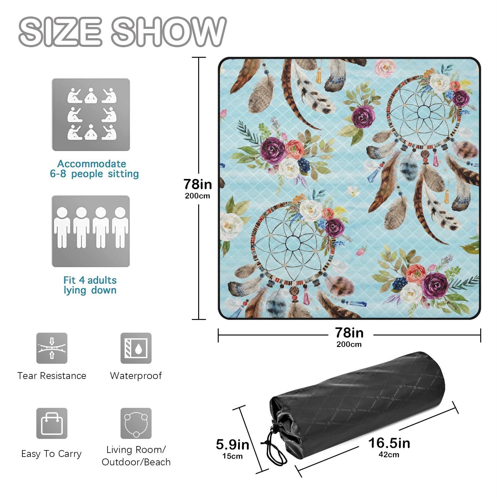Picknickdecke, 200 x 200 cm, Feder-Traumfänger, große Picknick-Matte, wasserdicht, Stranddecke, tragbarer Outdoor-Teppich, Camping-Matte