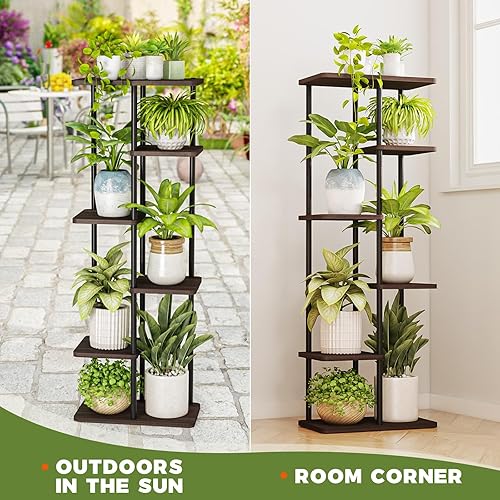 Miniatura 8 de Bamworld Soporte alto para plantas de interior de 6 niveles, estante de metal negro para plantas, estante grande para múltiples plantas, macetas