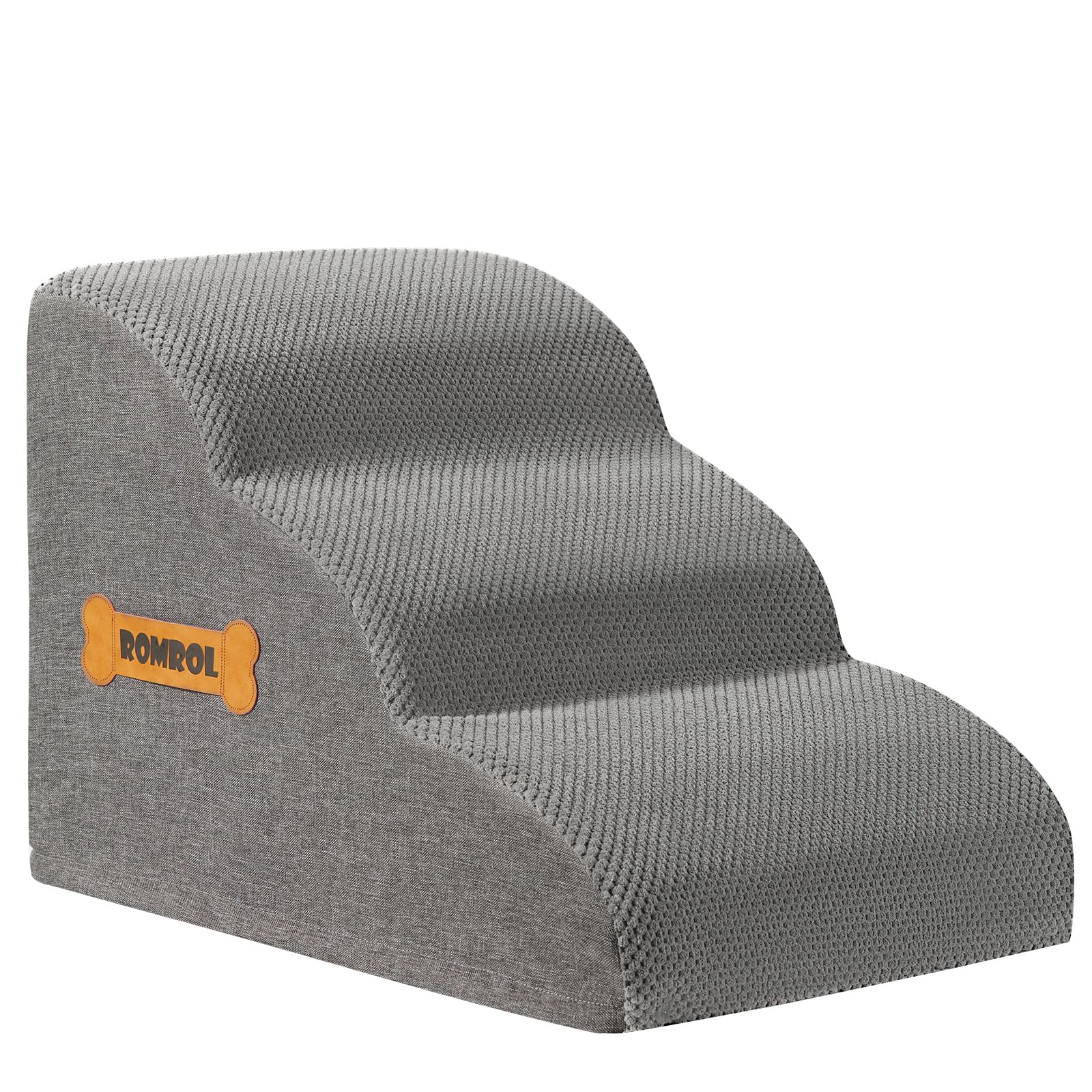 Romrol Dog Stairs Ramp for Beds Couches, Extra Wide Pet Steps with Durable Non-Slip Waterproof Fabric Cover, Pets Slope Stairs, 3-Tiers,L-Grey