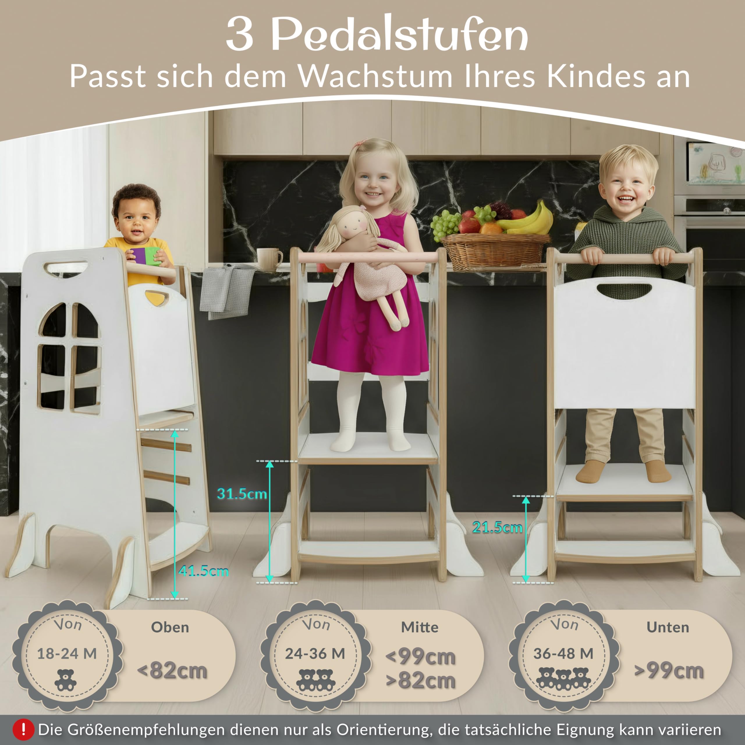 Montessori Lernturm aus Holz – Verstellbarer Küchenhelfer für Kinder 2–6 Jahre, Sicherer Tritthocker mit 3 Höhen,Mit seitlichen Kippschutz-Stützen und hinterer Sicherheitsplatte