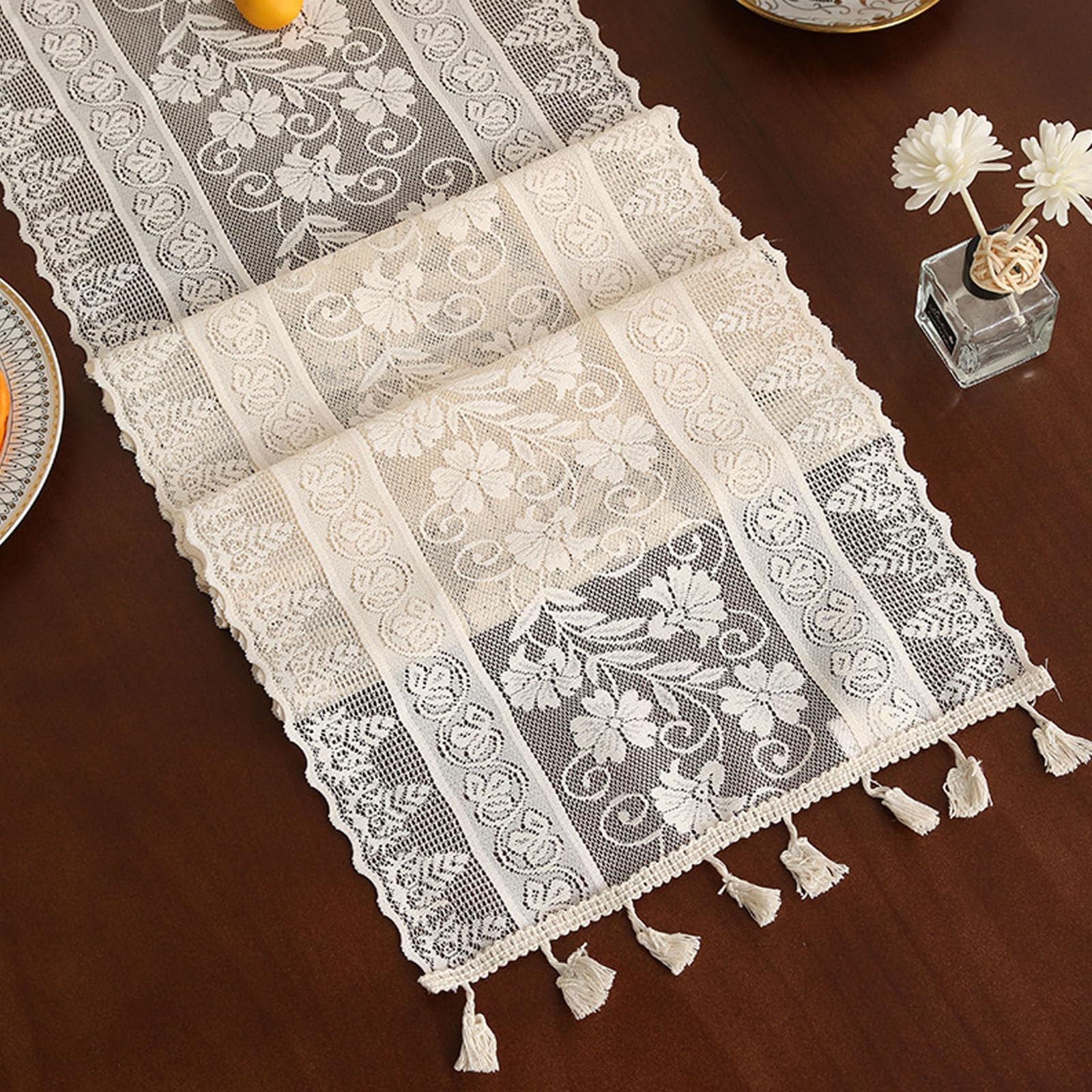 KLUSIET Long Table Runner with Tassels, Macrame Table Runners, Woven Lace Table Runner, Farmhouse Table Runner for Home Dining Table Décor(70.8in,A)