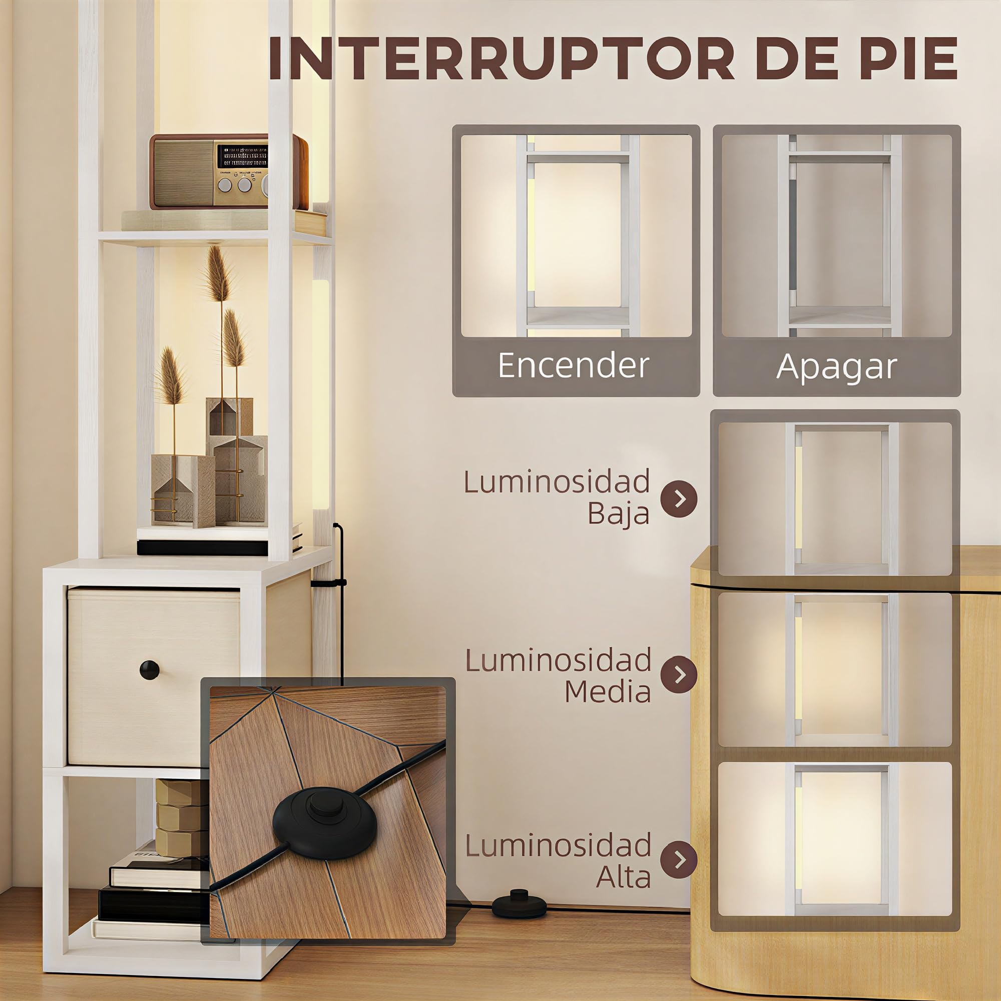 HOMCOM Lámpara de Pie Moderna 169 cm con Estantes Abiertos Lámpara de Pie para Salón con Interruptor de Pie y Cajón de Tela para Dormitorio Oficina Sala de Estar Blanco