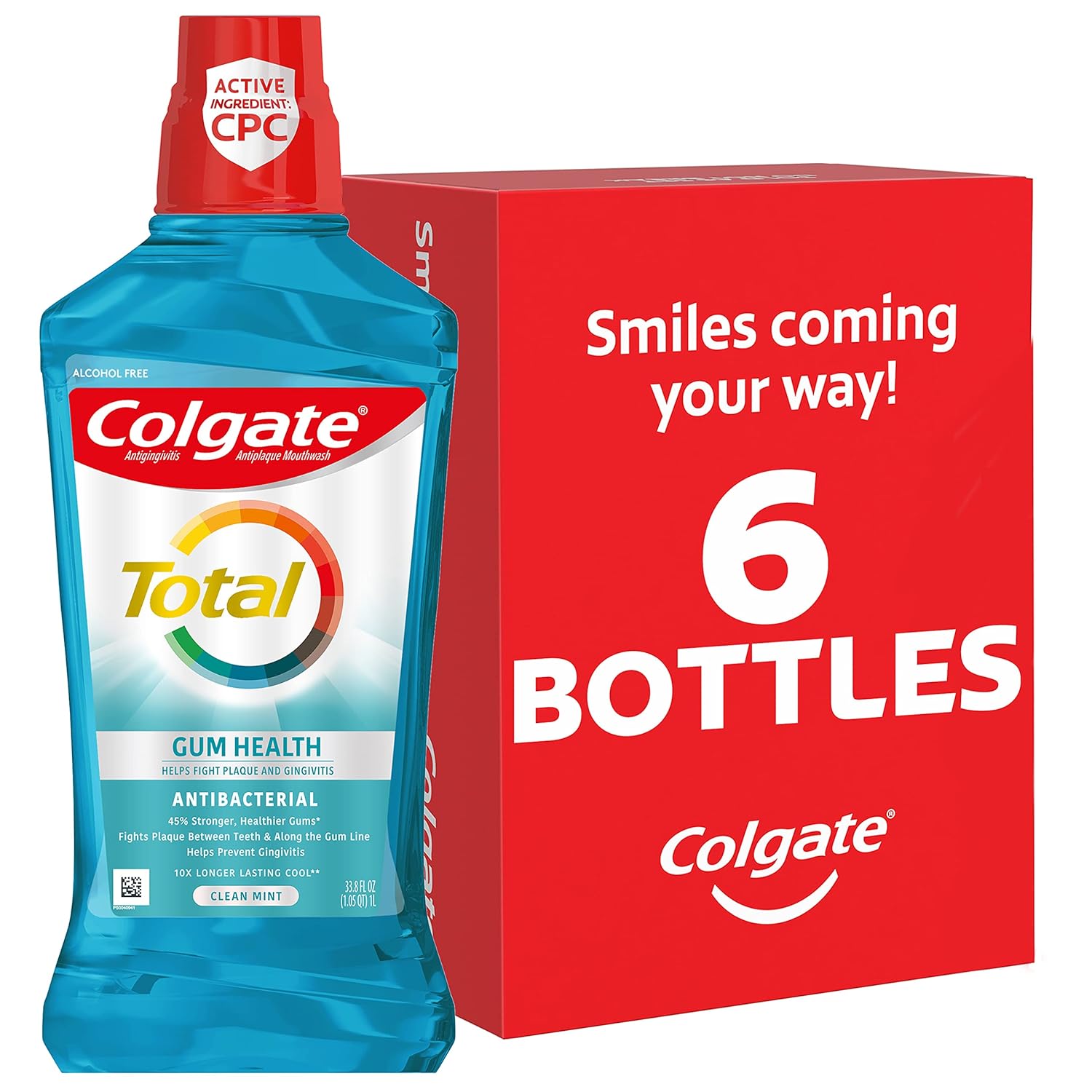Colgate Total Gum Health Alcohol Free Mouthwash, Antibacterial Formula, Helps Prevent Gingivitis Gum Disease, Clean Mint - 1L, 33.8 fluid ounce, 6 Pack 33.8 Fl Oz (Pack of 6) Clean Mint