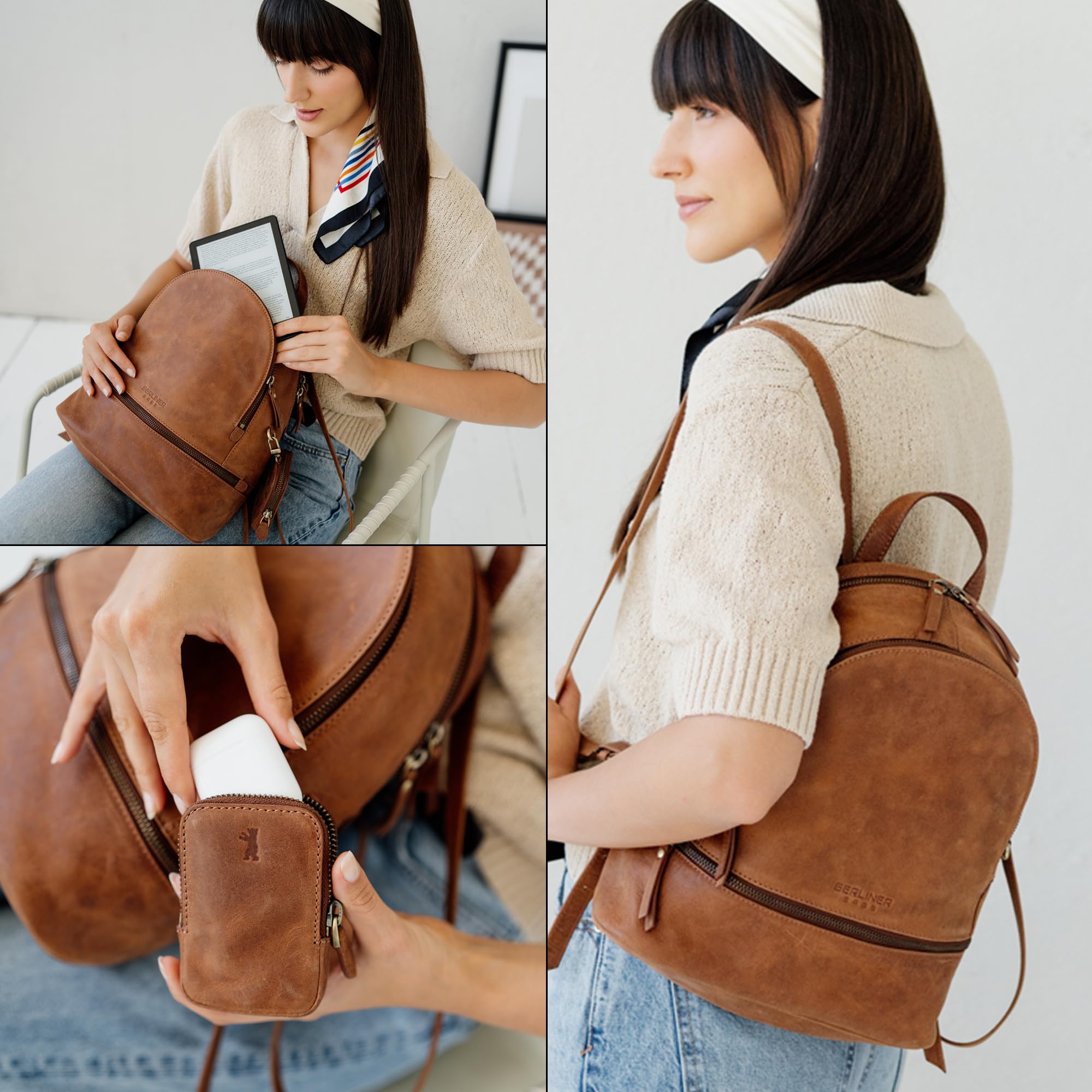Berliner Bags Vintage Rucksack Florence, Kleine Tagesrucksack, Cityrucksack aus Leder wasserabweisend für Damen - Braun