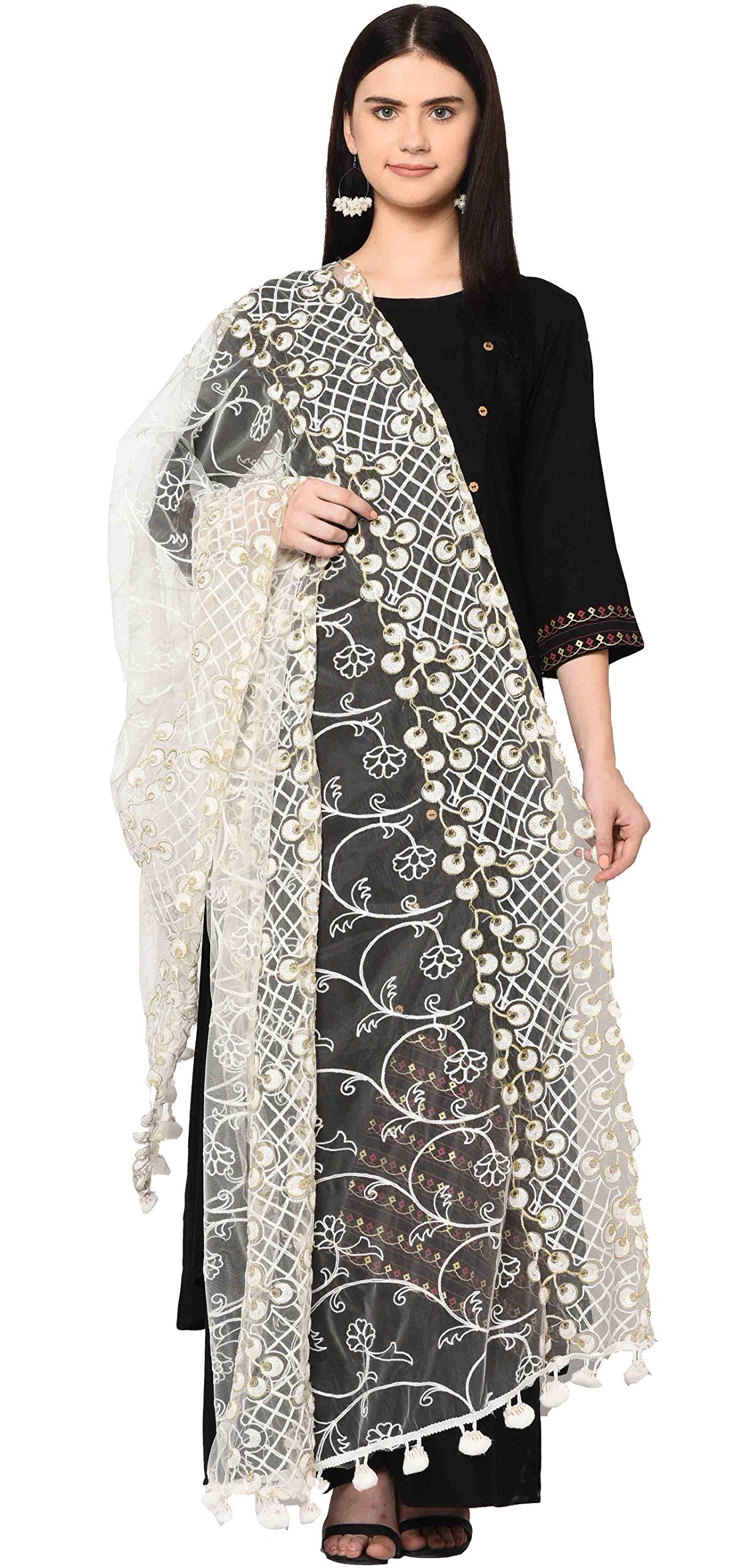 Weavers Villa Women's Net Embroidered Dupatta (White, 2.25 Meters)