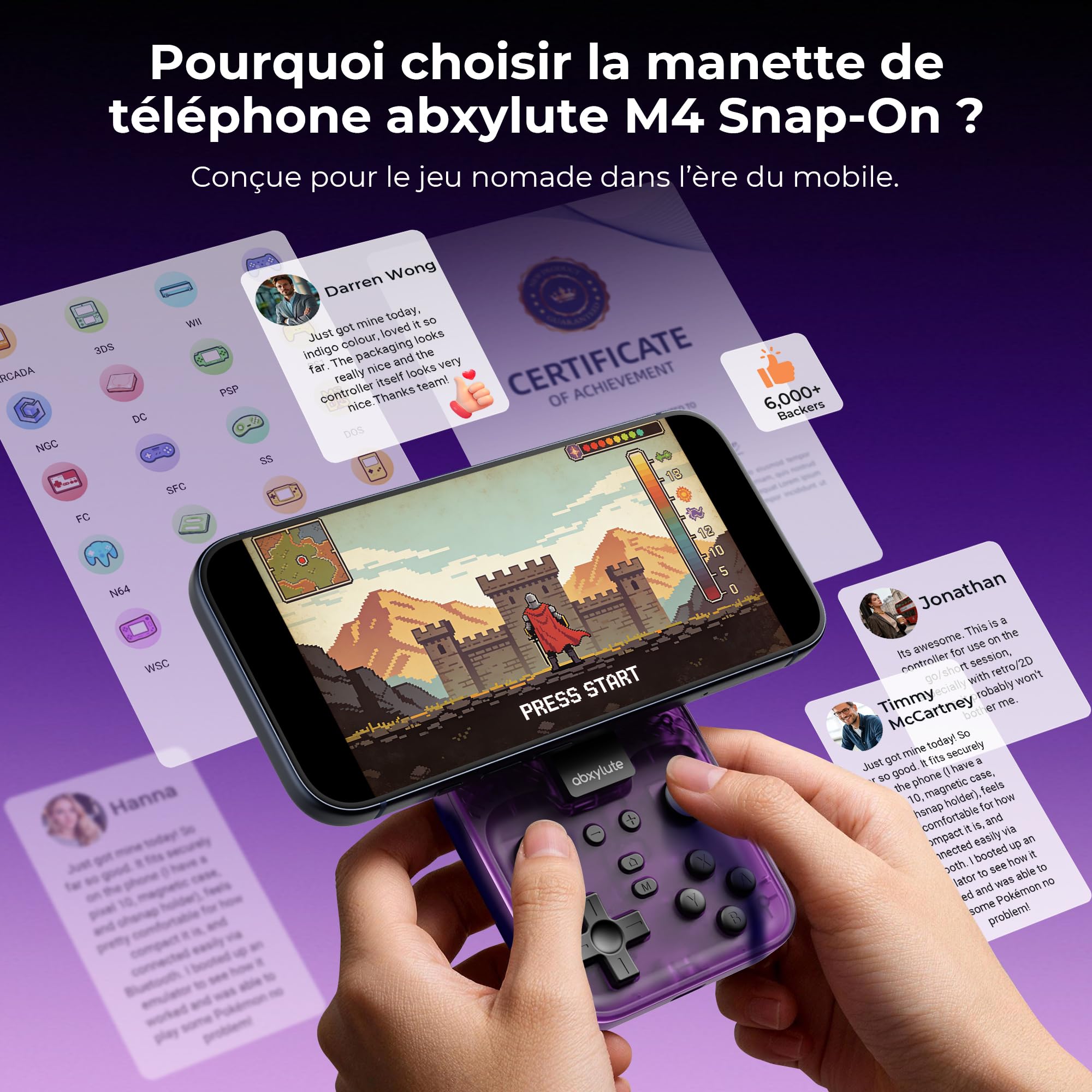 abxylute Manette de jeu mobile M4 Snap-On pour Android et iPhone, légère et portable, manette de poche rétro avec support, double joystick turbo et aimant (violet)