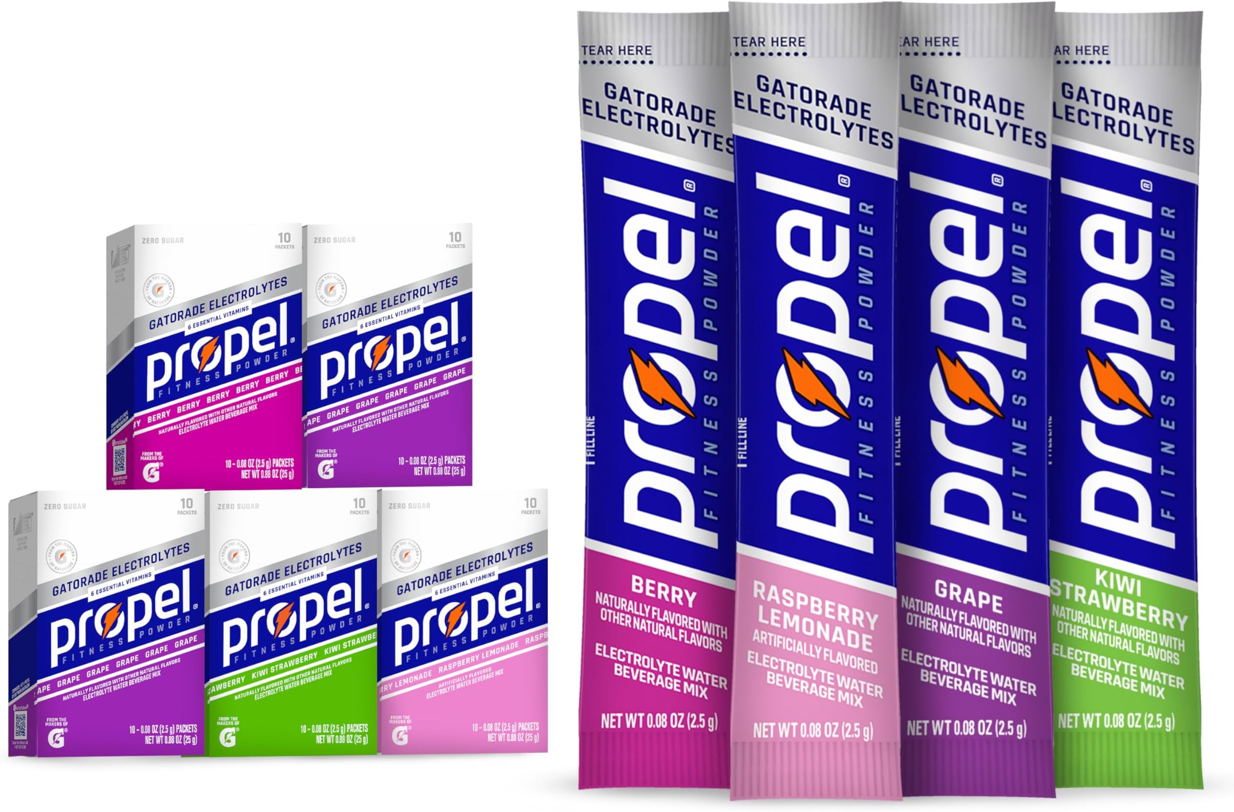 Propel Electrolyte Enhanced Water Drink Mix Powder Packets, 4 Flavor Variety Pack, Zero Calorie & Zero Sugar Hydration with Electrolytes and Vitamins C & E (50 Packets)