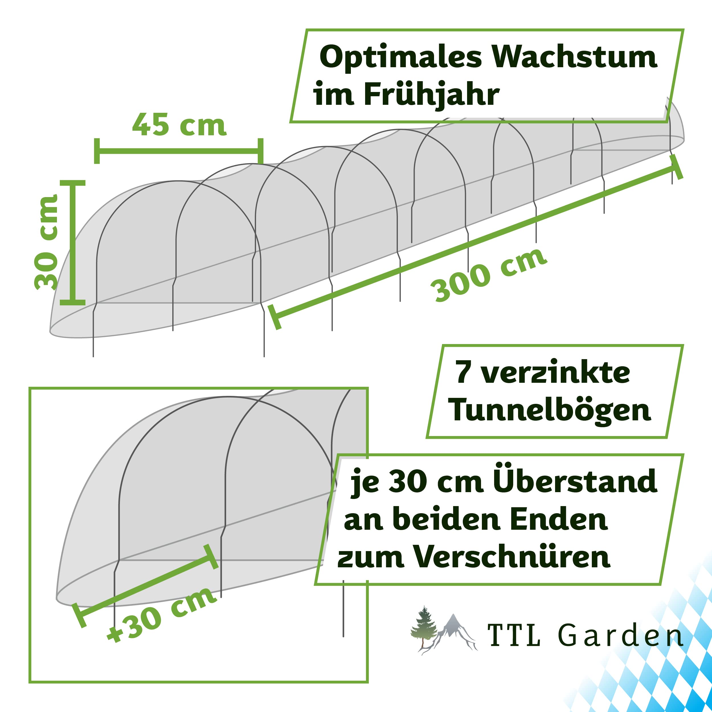 TTL GARDEN Quick&Easy Tunnel en film plastique 300 x 45 x 30 cm avec film polyéthylène – Tunnel en film plastique de 3 m immédiatement utilisable avec cordon 7 arcs de tunnels, pour plate-bande