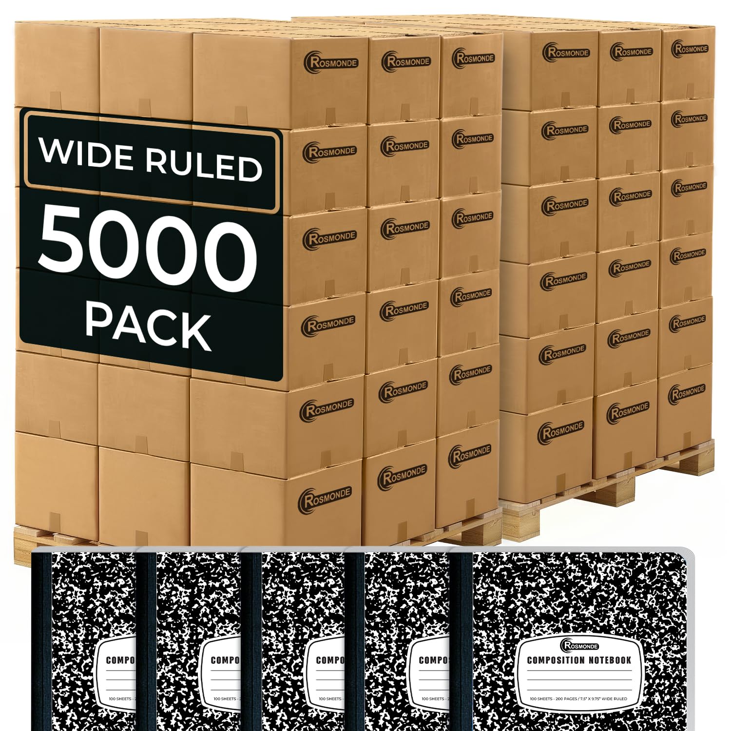 Rosmonde 5000 Pack (Pallet) Composition Notebook Bulk, Wide Ruled Sheets, 100 Sheets (200 Pages), 9-3/4 x 7-1/2, Bulk Supplies for School Districts &