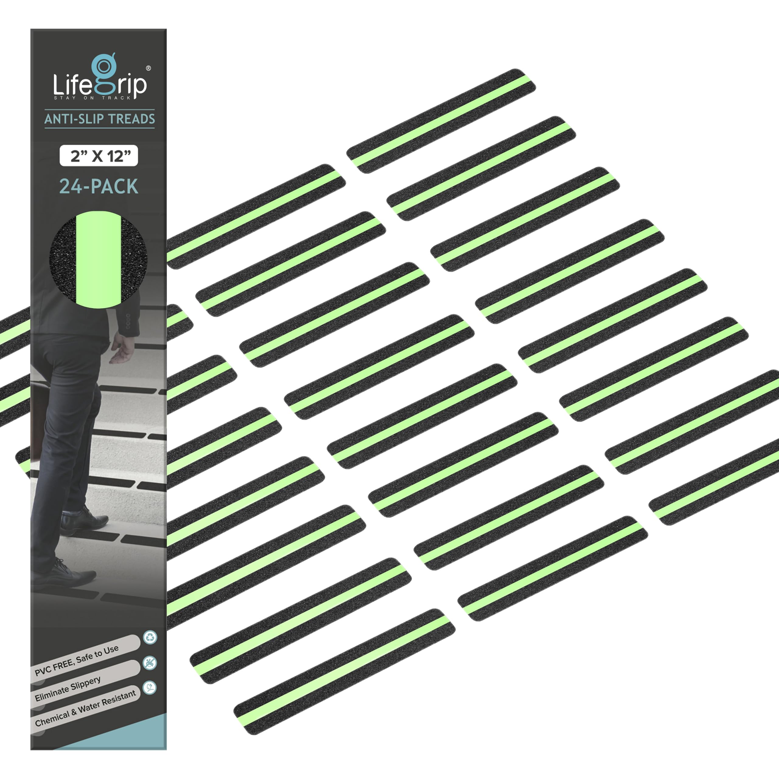 LifeGrip Anti Slip Traction Treads with Glow in Dark Stripe (24-Pack), 2" X 12", Best Grip Tape 80 Grit Non Slip, Pre-Cut Strips, Rounded Corners -