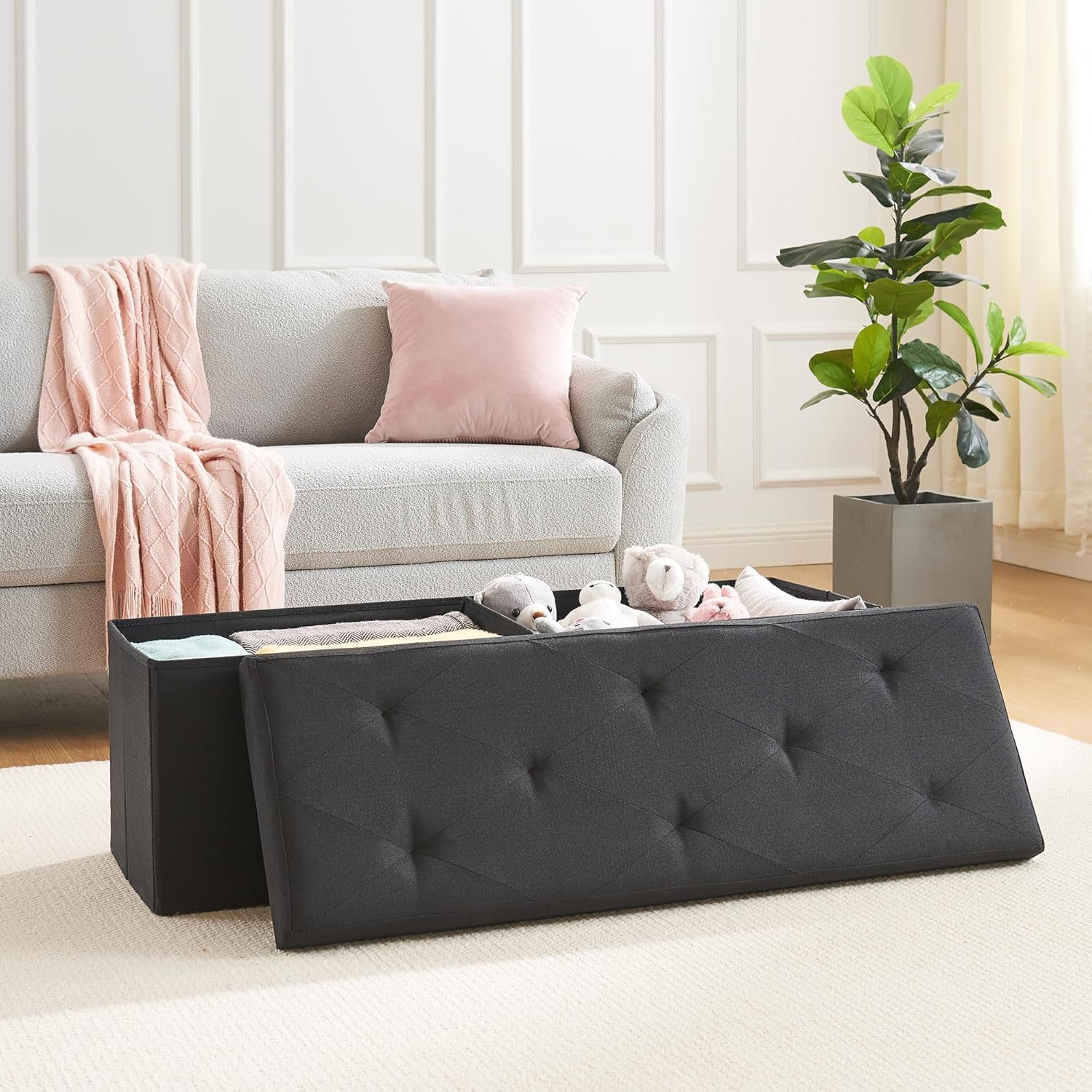 VECELO 43'' Folding Storage Ottoman Bench, Storage Chest, Linen Fabric Foot Rest Stool, 158L Storage Footstools for Bedroom and Living Room, Holds up to 660 lbs, JBlack