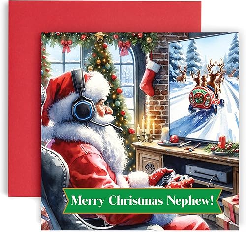 Huxters Tarjetas de Navidad para sobrino y adolescentes  Tarjeta de Navidad de Santa Gamer Gaming para él, hijo, nieto o sobrino (sobrino)