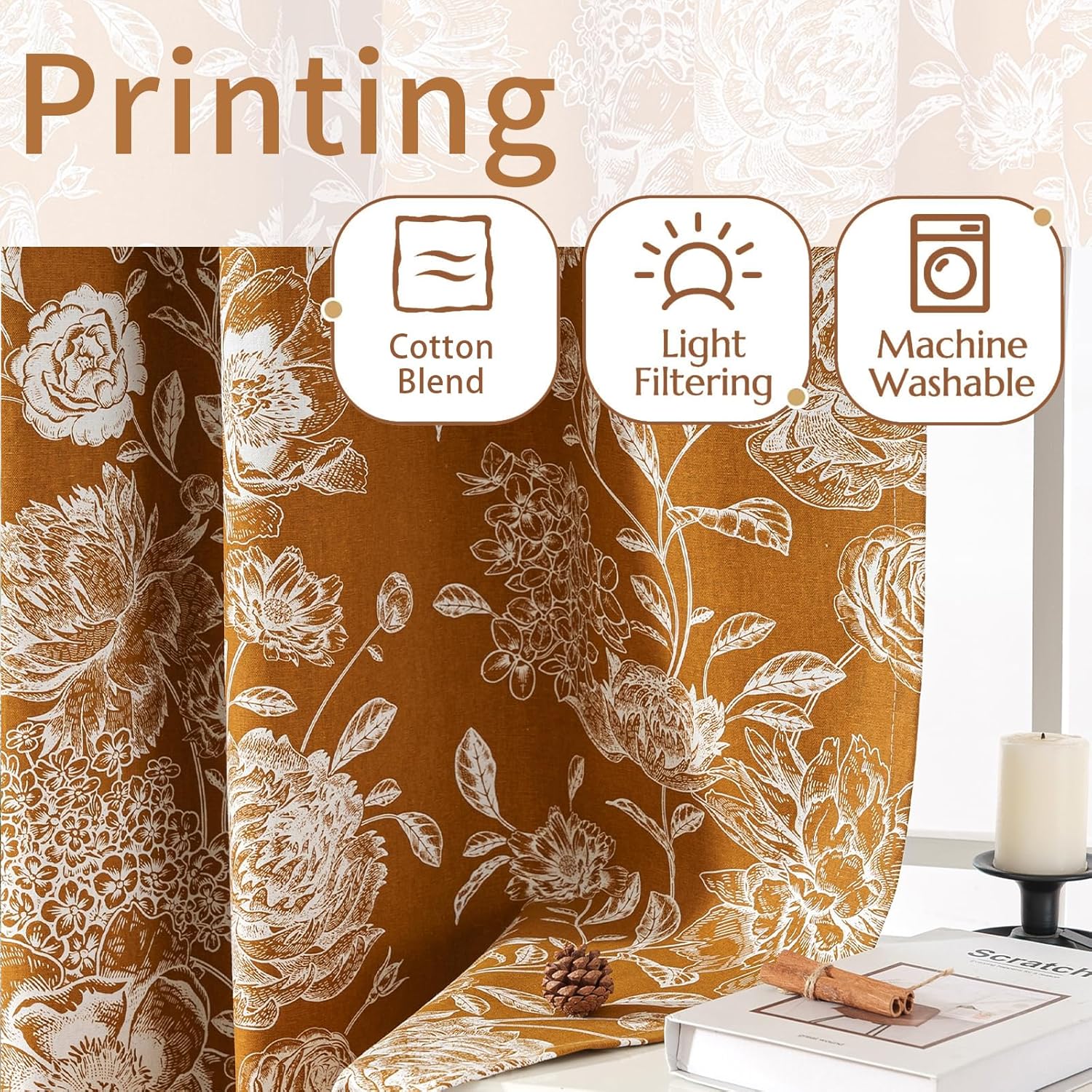 Floral Blackout Curtains 96 Inch Length 2 Panels, Vintage Peony Pattern Curtains for Bedroom Living Room, Light Blocking Thermal Curtains, Grommet Top, Mustard Yellow, 52 x 96