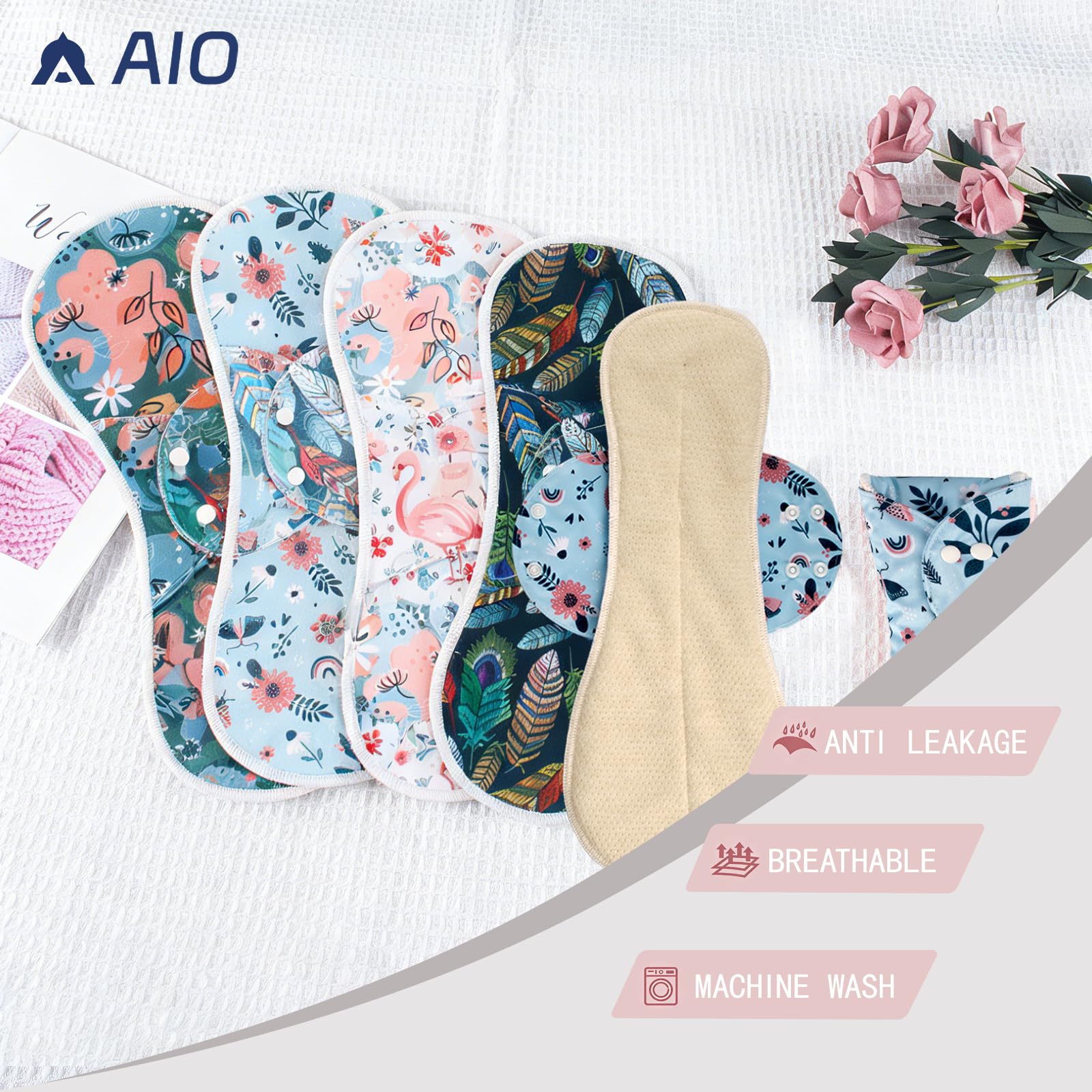 AIO Reusable Washable Cloth Menstrual Pads Sanitary Pad for Woman Large Size(4.72 * 11.8/5.51 * 13.4/6.3 * 14.96inch) Including 5 pcs Pads with 1 Wet Bag